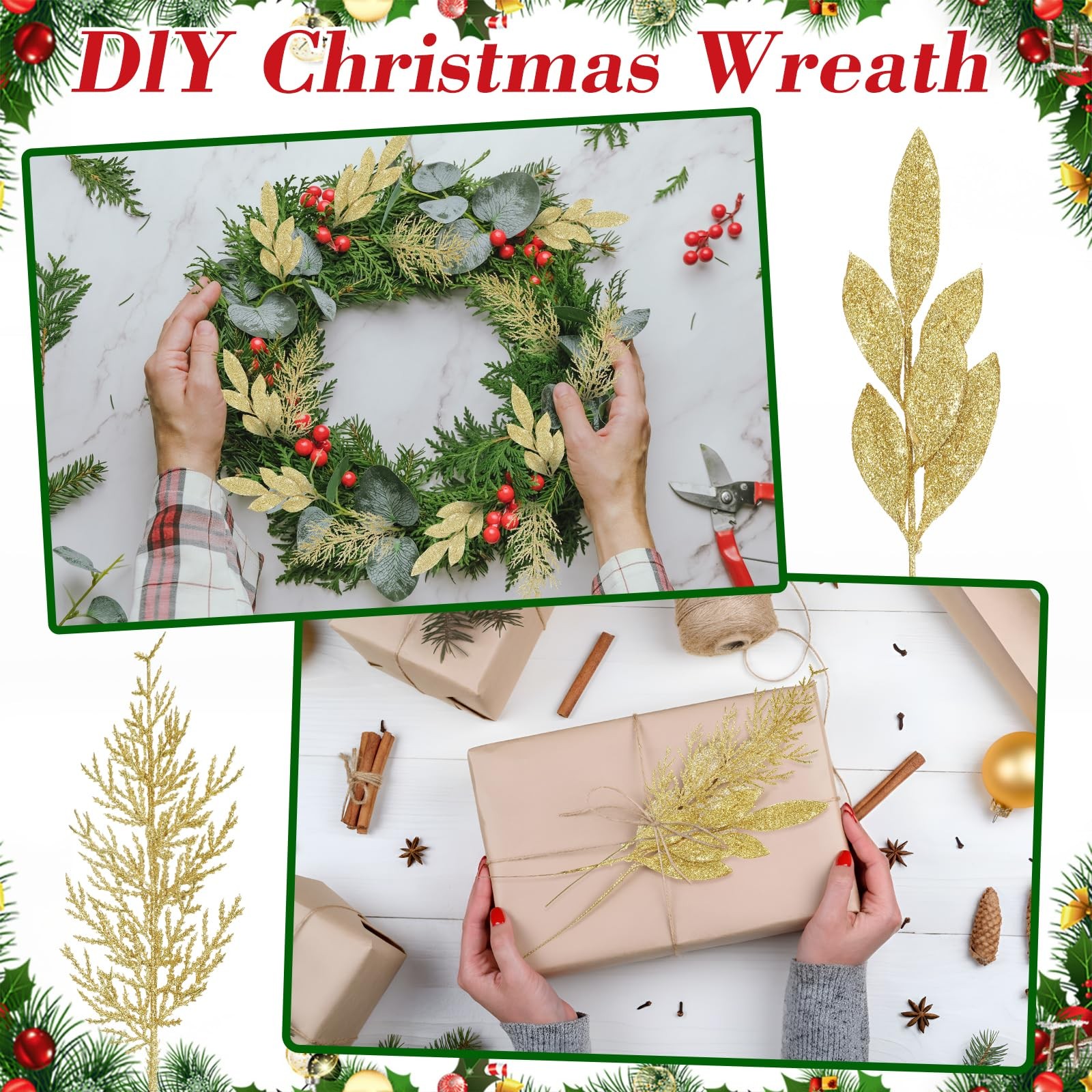 30pcs Gold Christmas Picks Glitter Bay Leaf Ornaments Velvet Gold Glittered C…