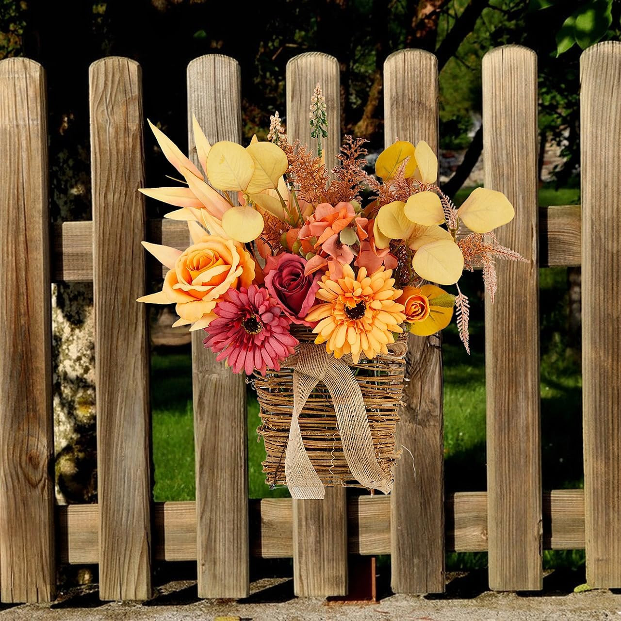 Artificial Flower with Hanging Basket for Wall Decor, Autumn Decoration Faux