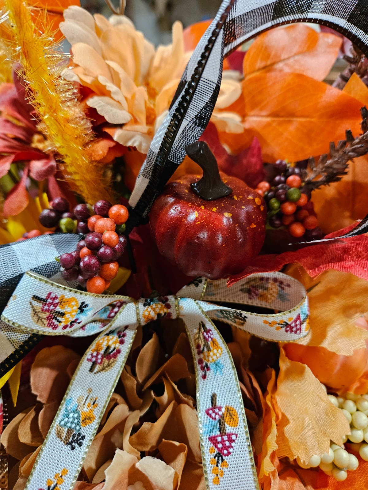 Chic Fall Florals with Ribbons, Bucket Vase, Orange, Cream, Dark Red
