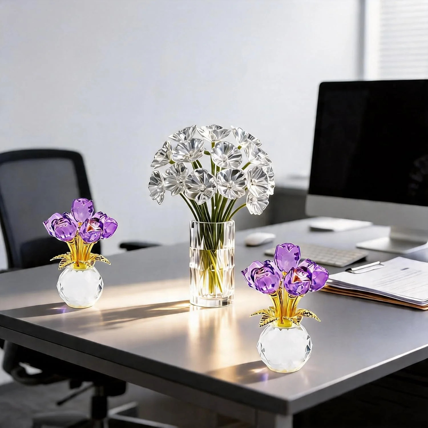 Crystal Rose Flower Figurine with Round Vase, Crystal Flowers, Glass Flowers wit
