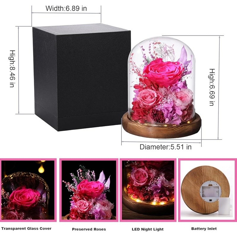 Long Lasting Preserved Roses in Glass Dome W/ LED Lights Unique Gift Idea New