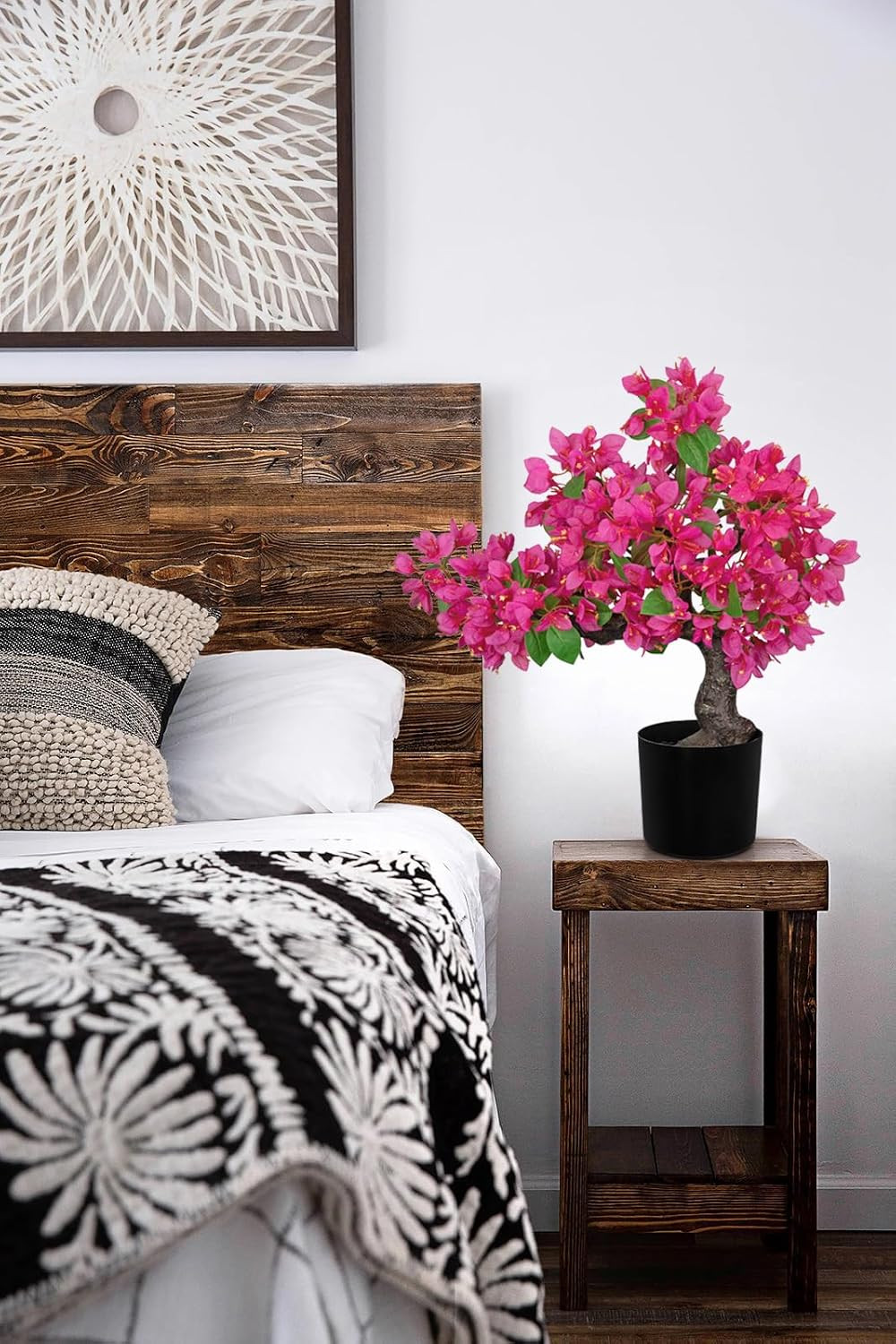 Hot Pink Artificial Bougainvillea Bonsai Tree in Black Pot for Home Decor