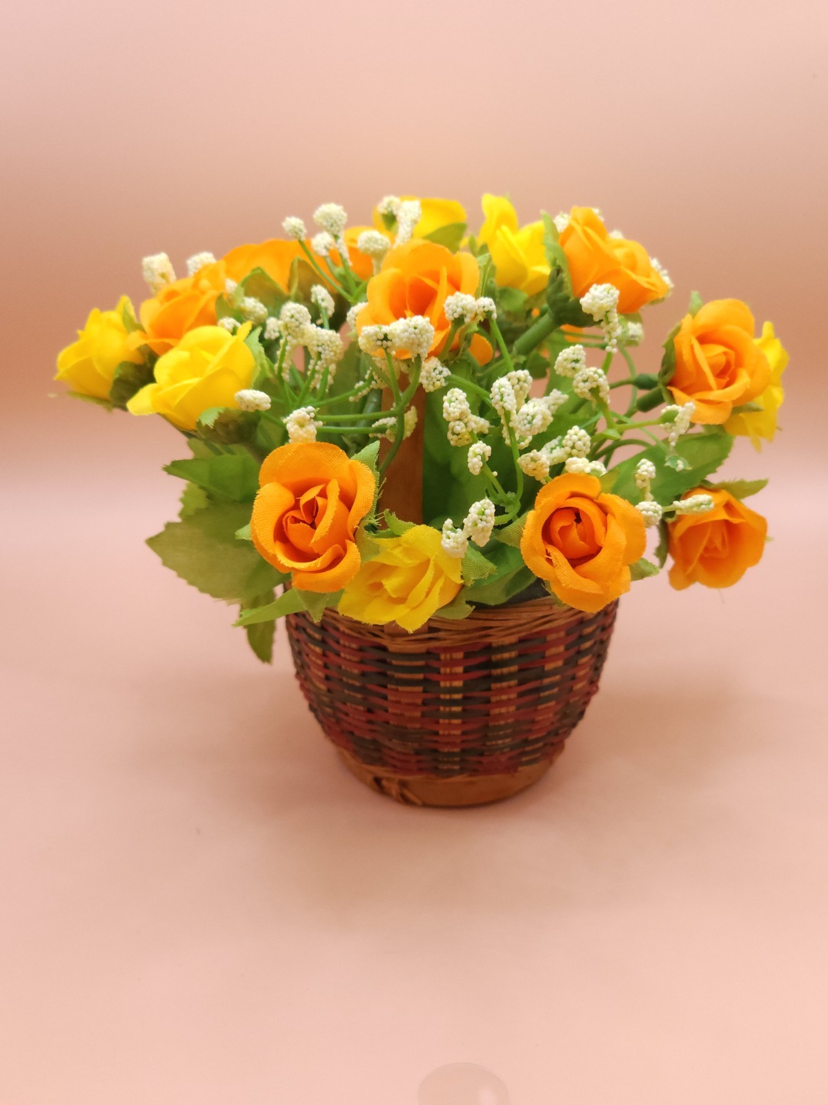 Sunny Yellow & Orange Rose Faux Floral Arrangement in Wood Woven Basket