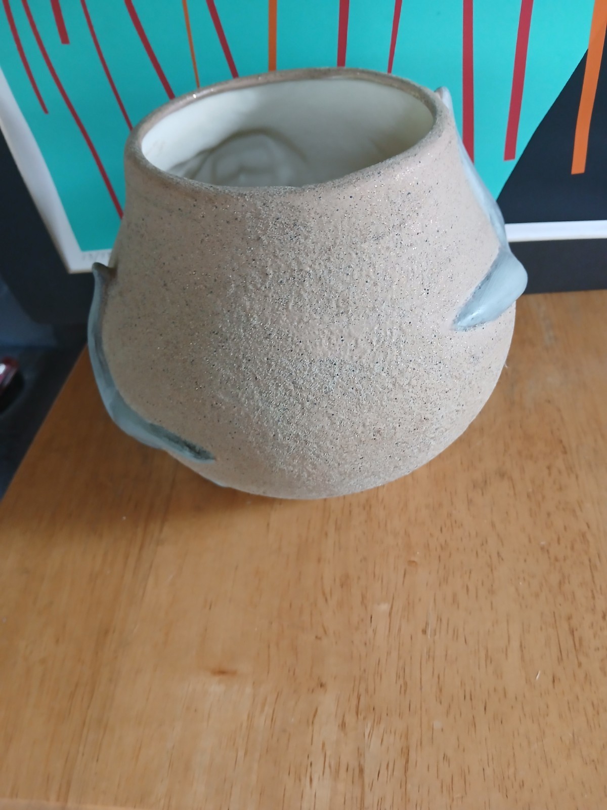 Native American Ceramic Round Planter Cachepot w/ Face & Antler Design