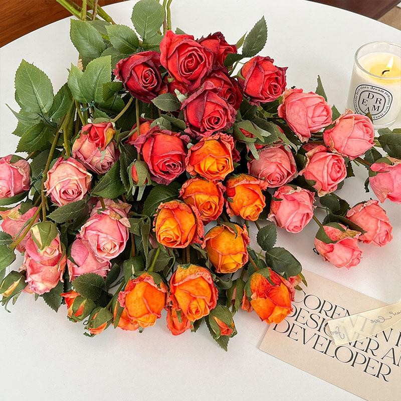 5PCS Artificial Burnt Edge Rose Buds 58cm Wedding Home Table Decor Photo Props