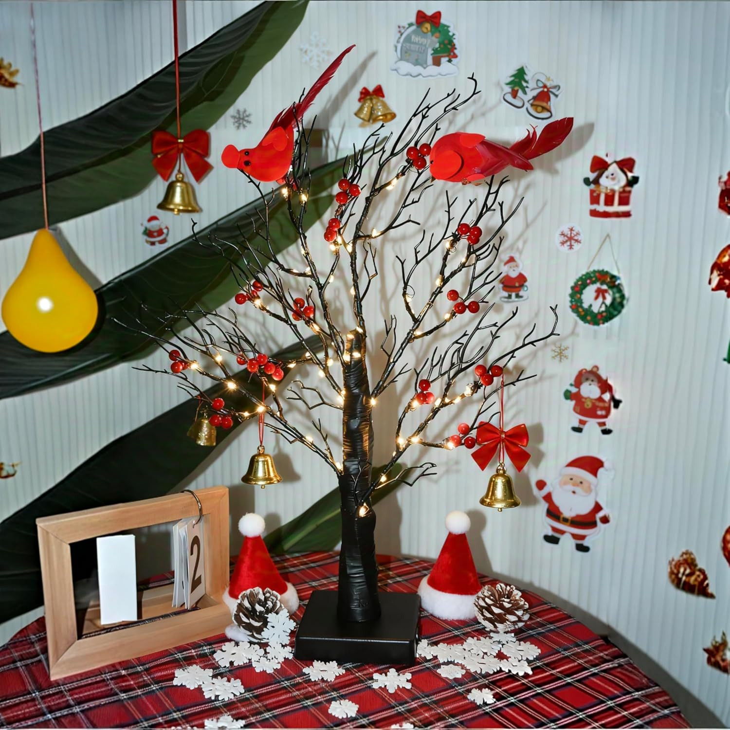 Set of 2 Vintage Glowing Trees with Cardinals, Dual Power USB/Battery Operated L