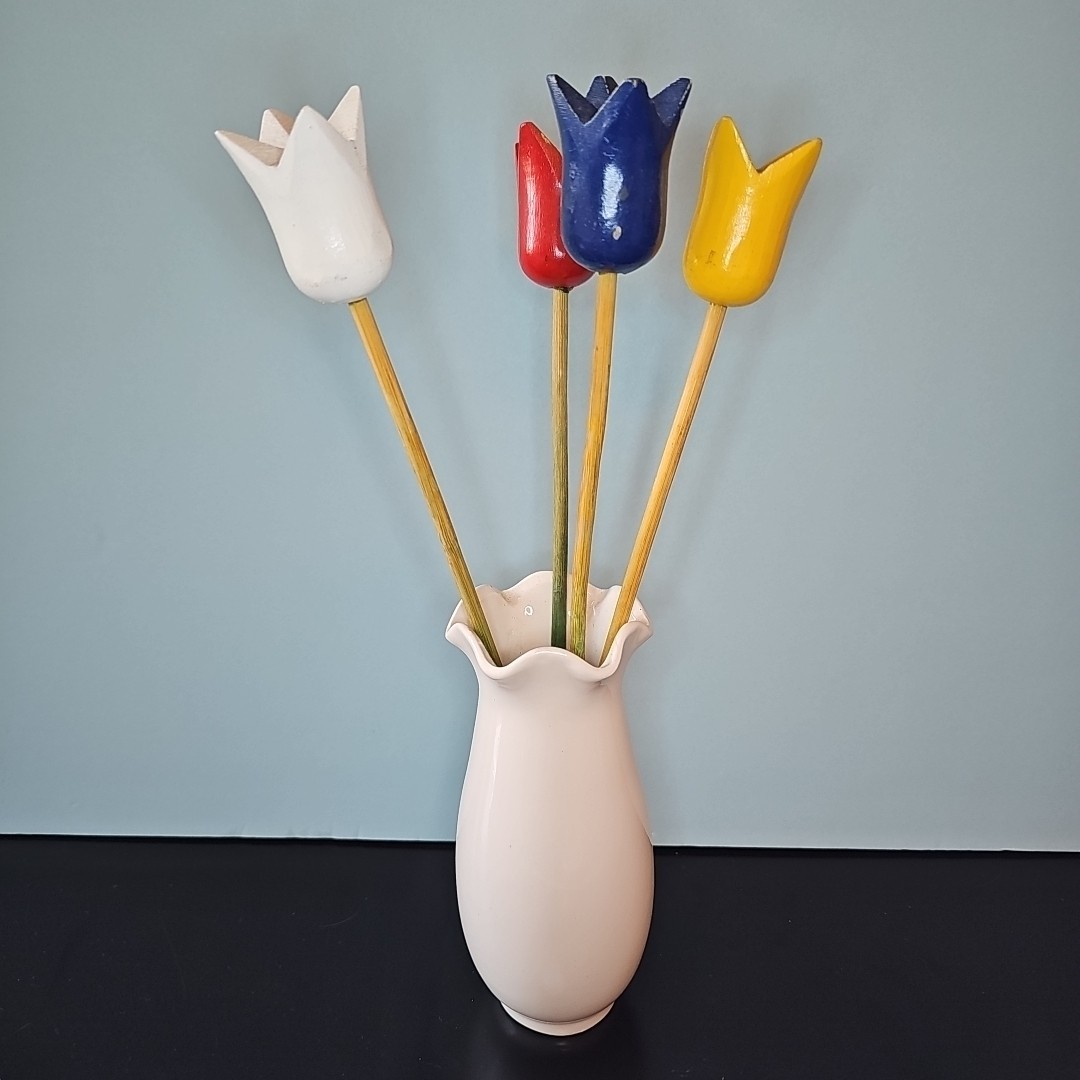 Vintage Sweden Wooden Tulips With Vase Approx 13” Tall
