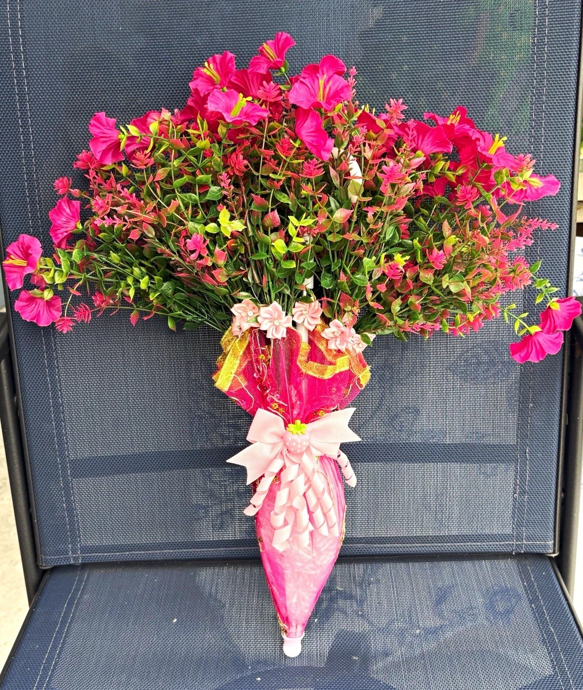 Pink & Green Floral Wall Flower Arrangement in Decorative Wrap with Bow