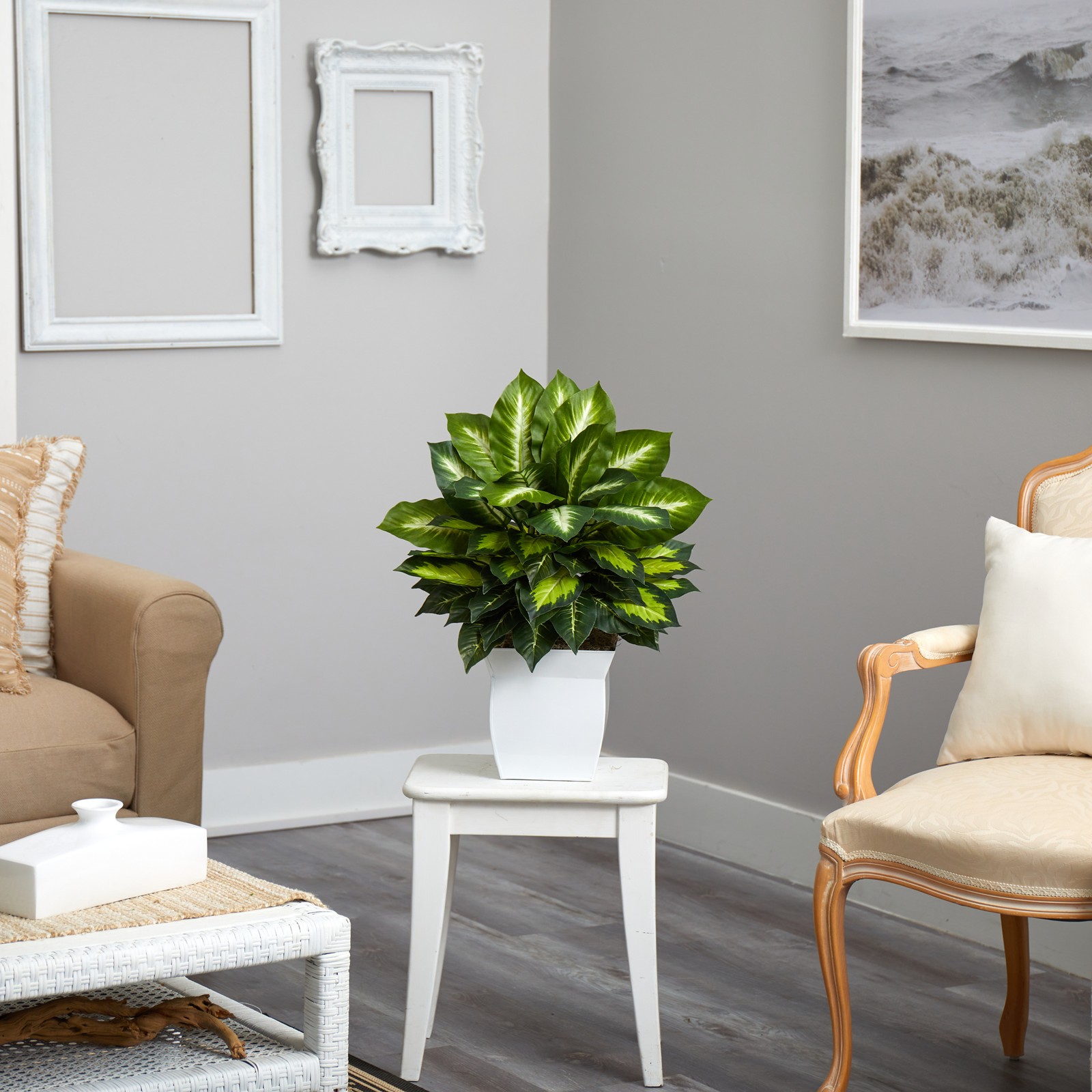 Nearly Natural 2ft Golden Dieffenbachia Artificial Plant in White Metal Planter