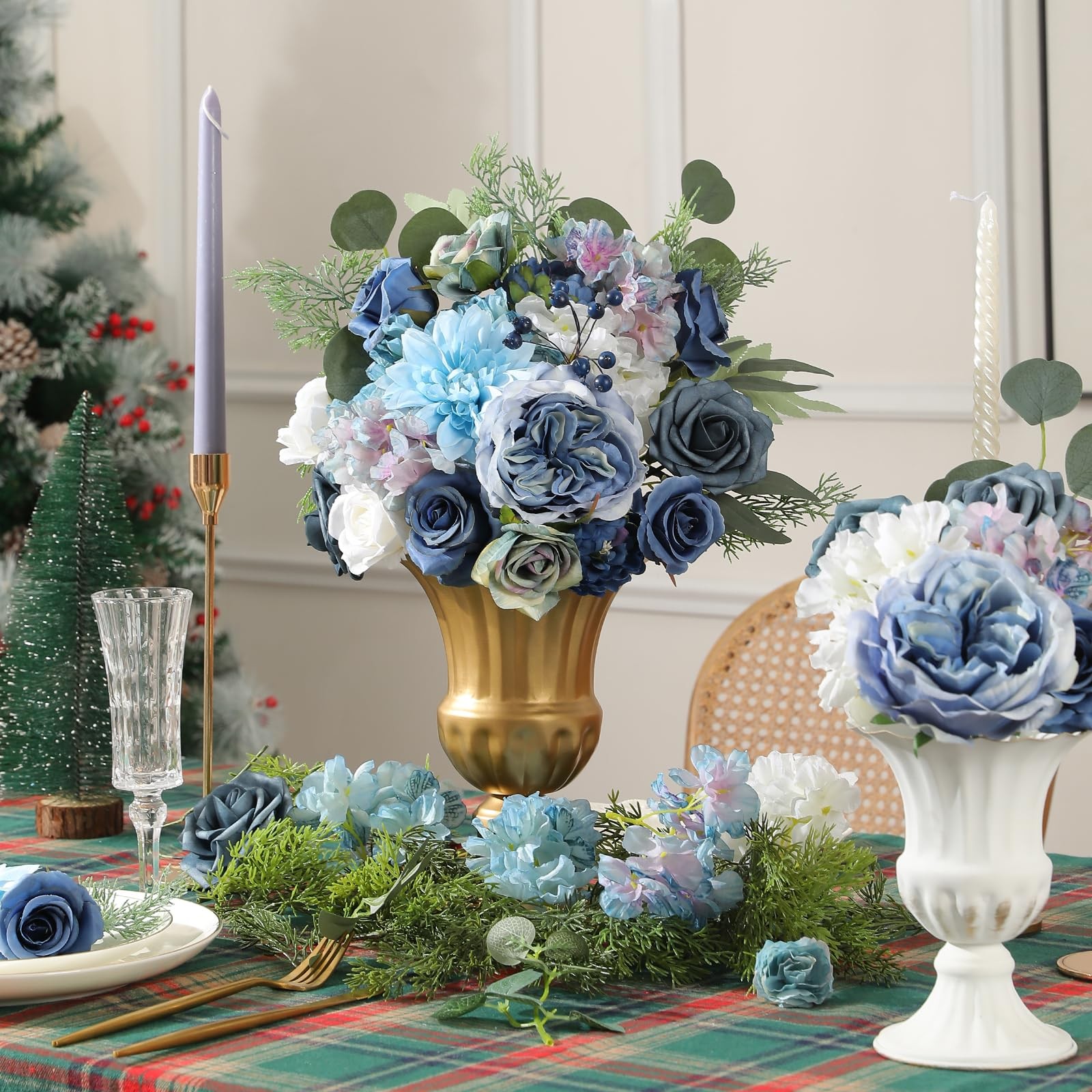 Floweroyal 36 Pcs Artificial Flowers Combo Dusty Blue Flowers Mix Silk Flower…