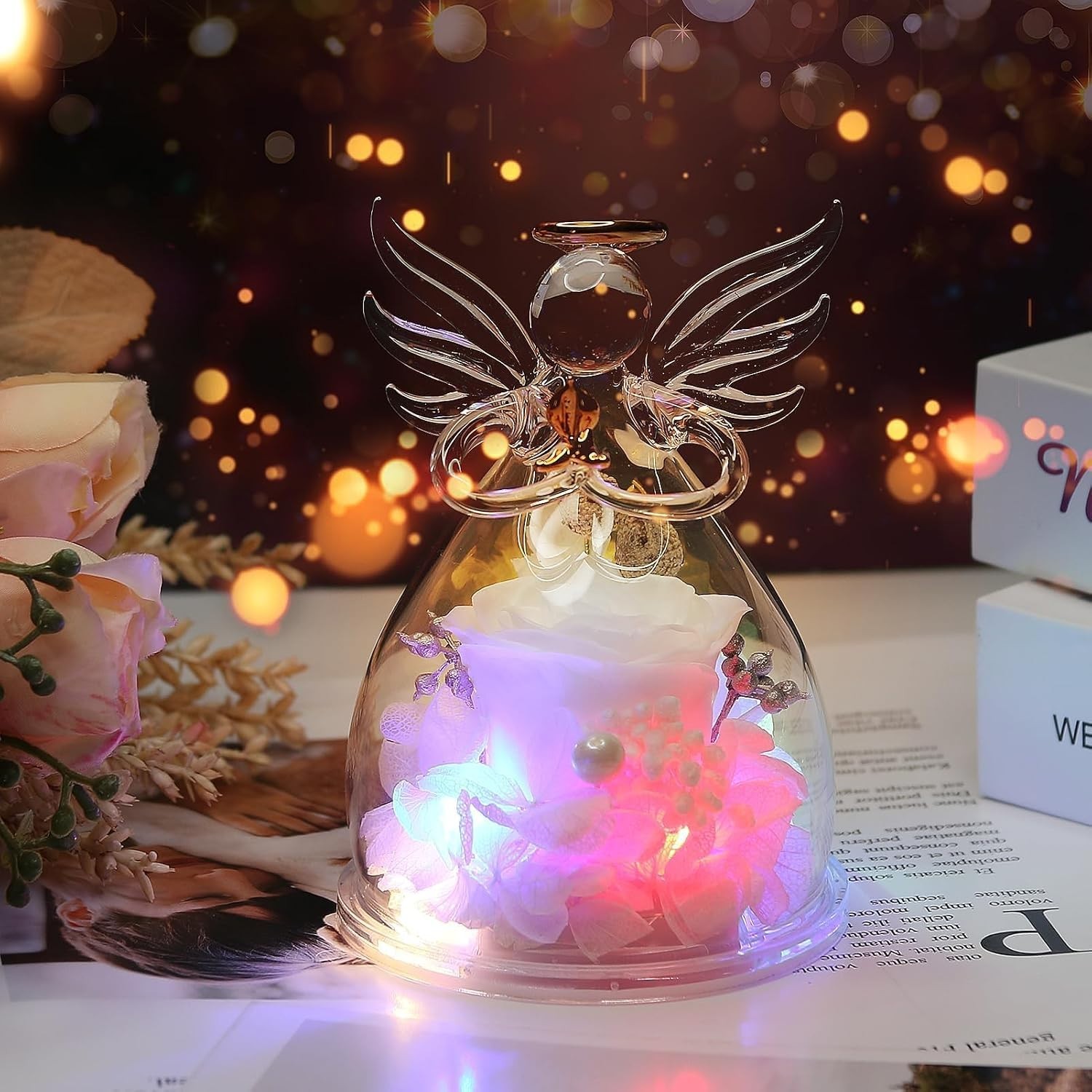 Elegant Light-Up Preserved Rose in Glass Angel Figurines – Perfect Gift for Her