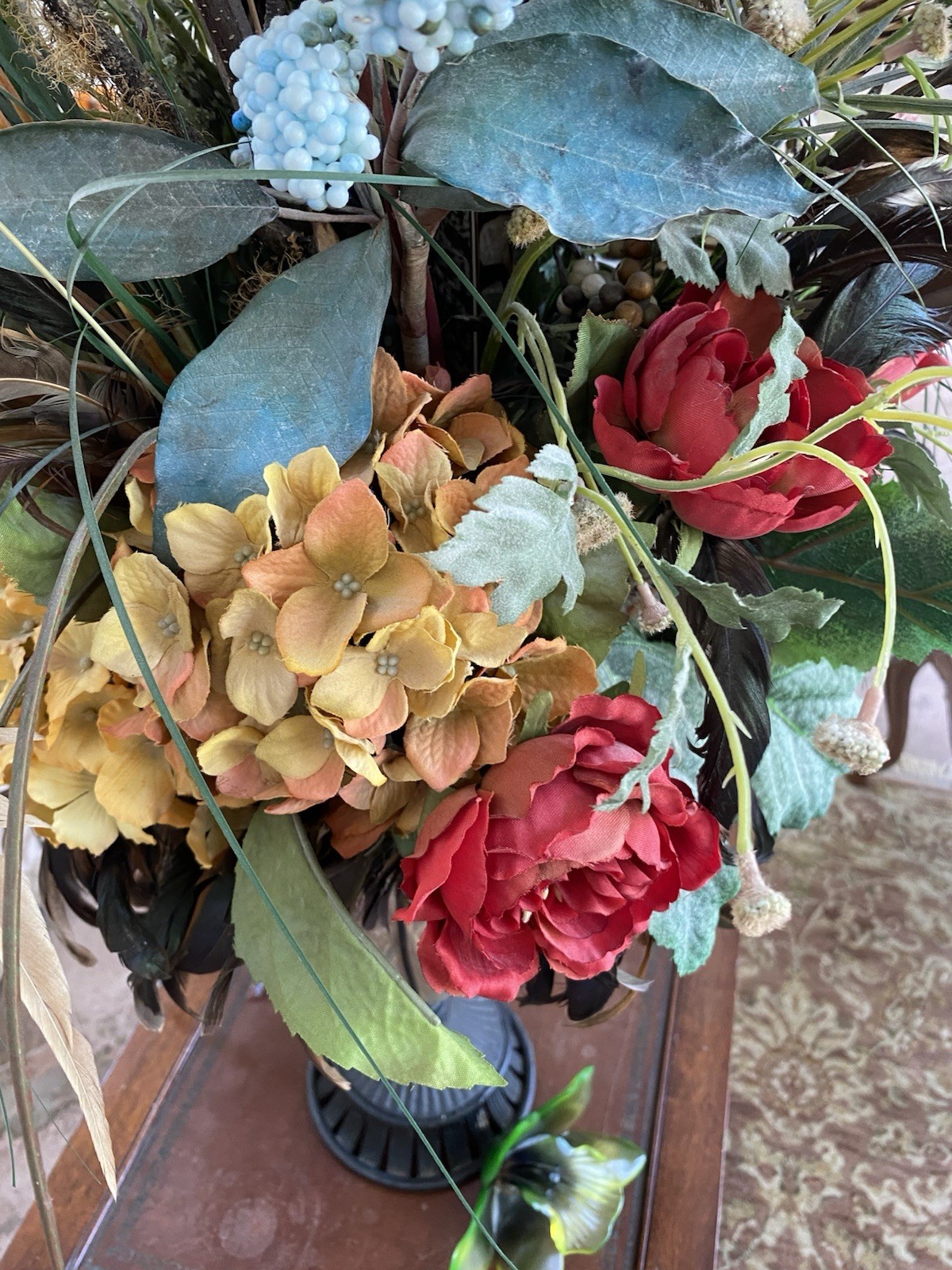 XL Custom Designer Muted Floral Arrangement W Pheasant Feathers, Silk & Dried