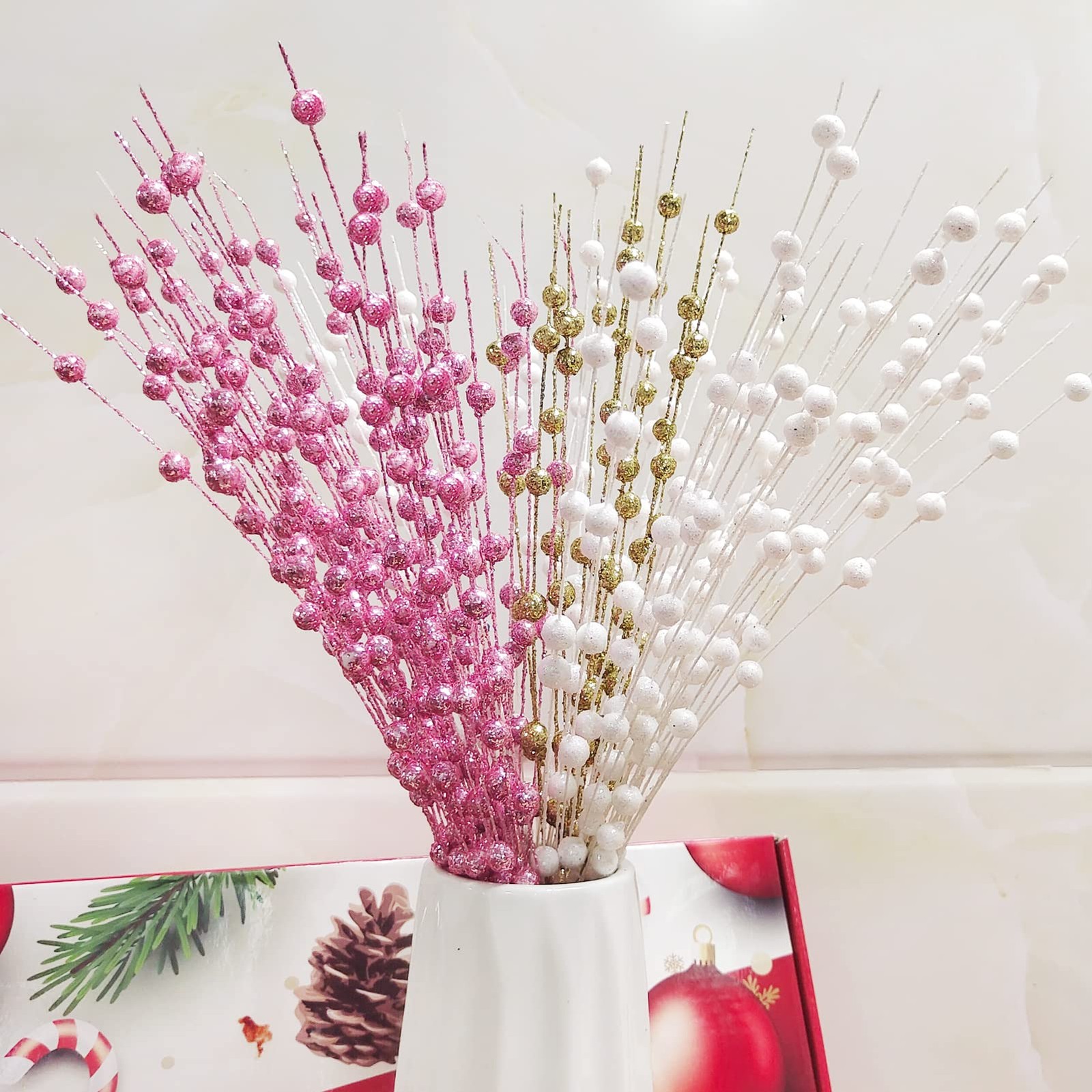 Christmas Artificial Glitter Berry Stem Decorations Decorative Bead Sticks Xm…