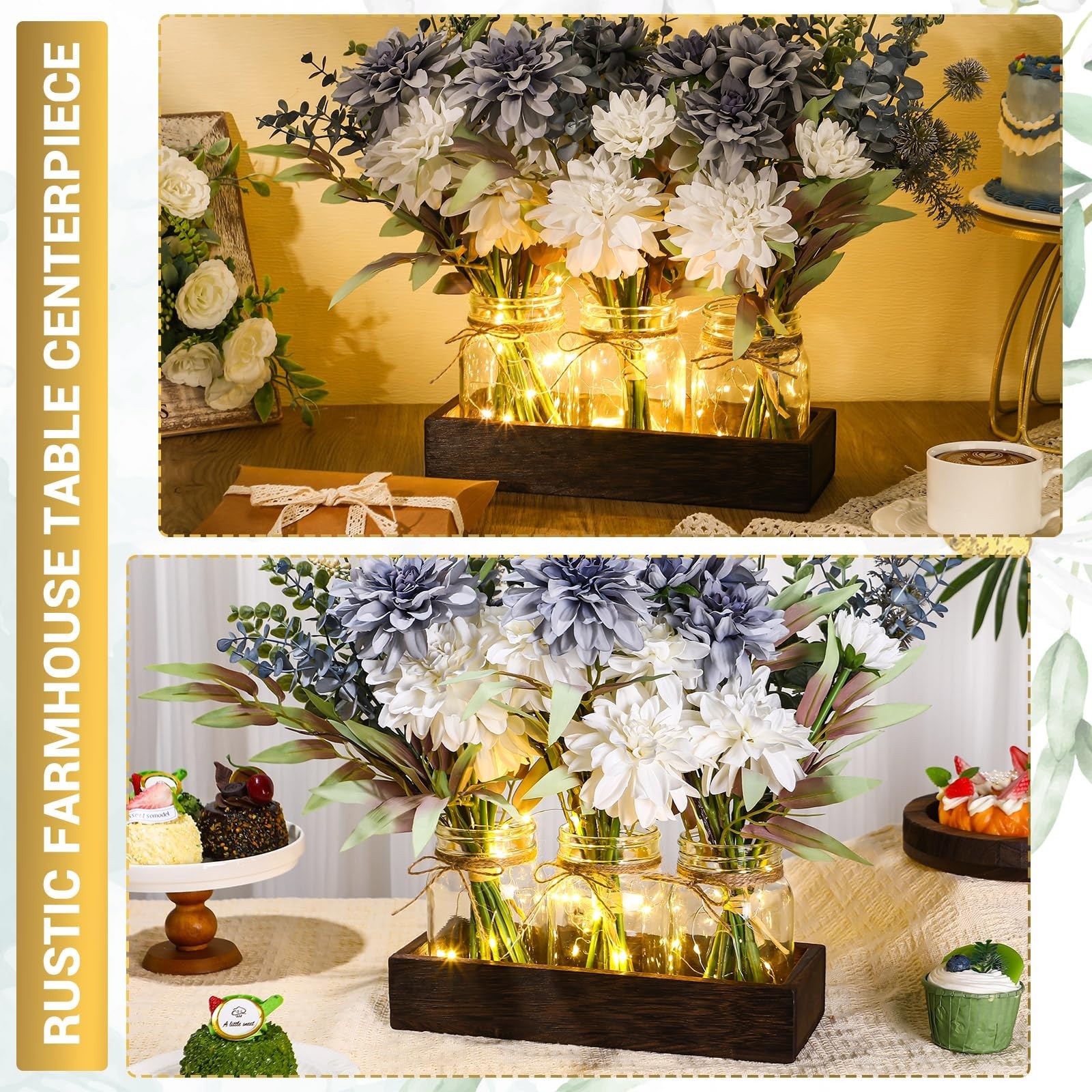 3 Pcs Rustic Mason Jar Centerpiece Decor, Artificial Blue Flowers & Wood Tray, S