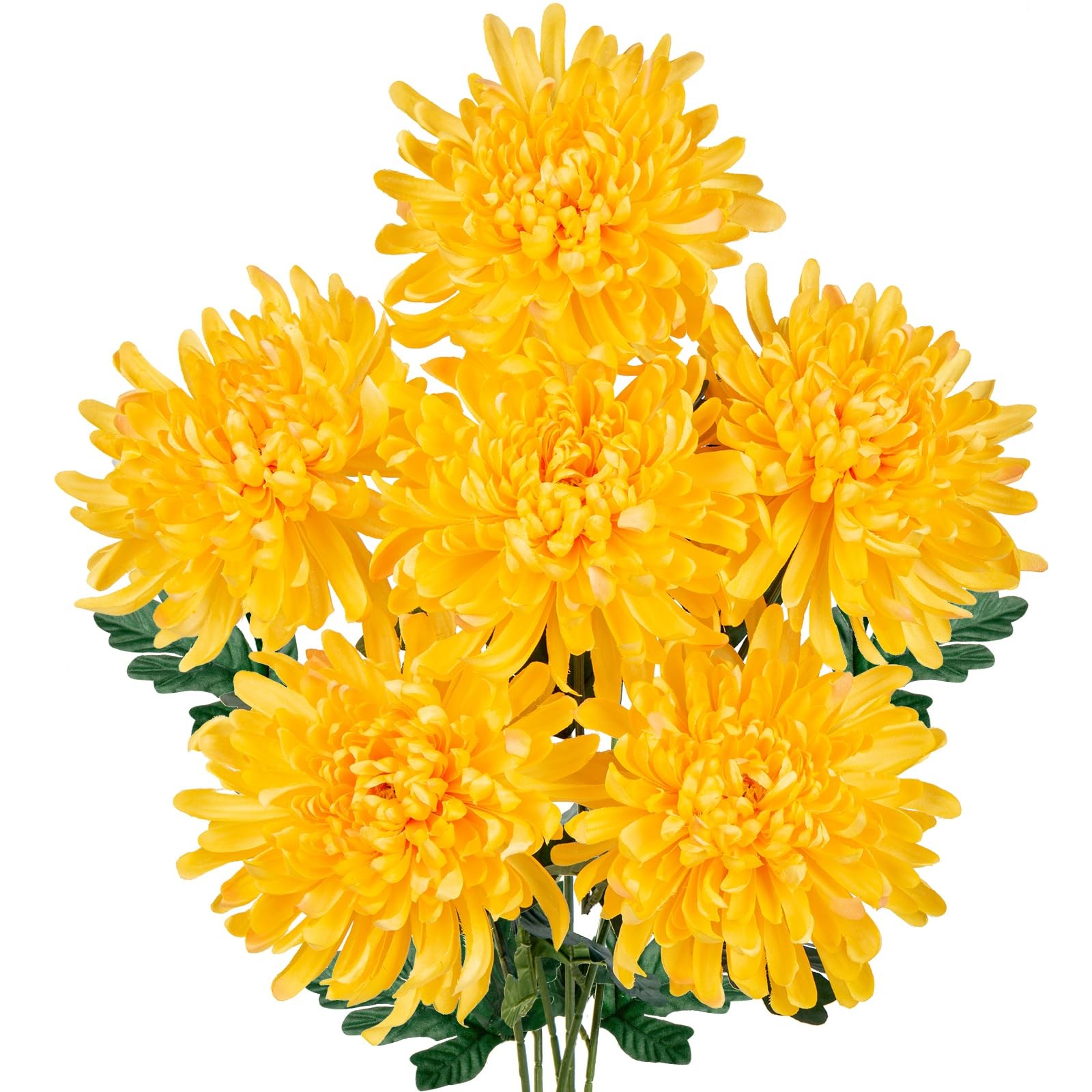 6 Pcs Yellow Artificial Mums for Outdoors Fall – 25.6’’ Long Stem Faux Chrysa…