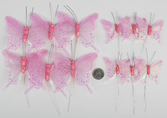 Lot of 12 Pink Sparkling SheerAssorted Sized Artificial Butterflies