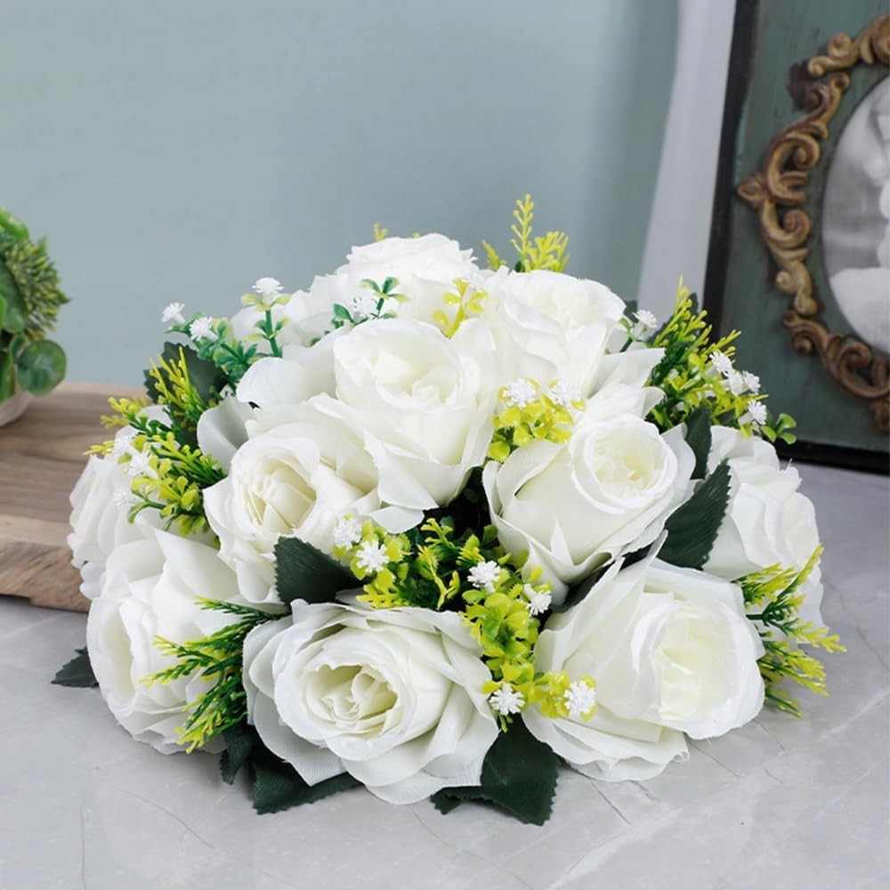 10Pcs Artificial Rose Balls for Centerpieces (White) | 15 Flower Heads, Plastic