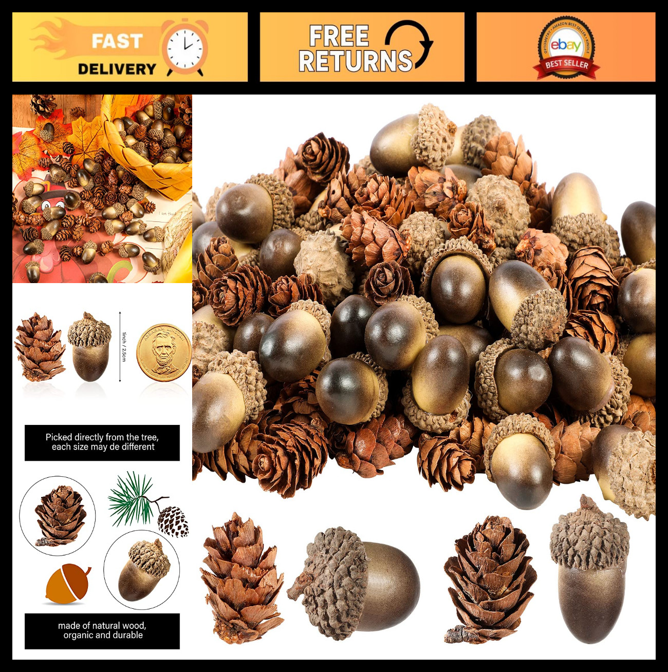200 Pcs Artificial Acorns & Mini Pine Cones – Lifelike Decor for Crafts, Vases,