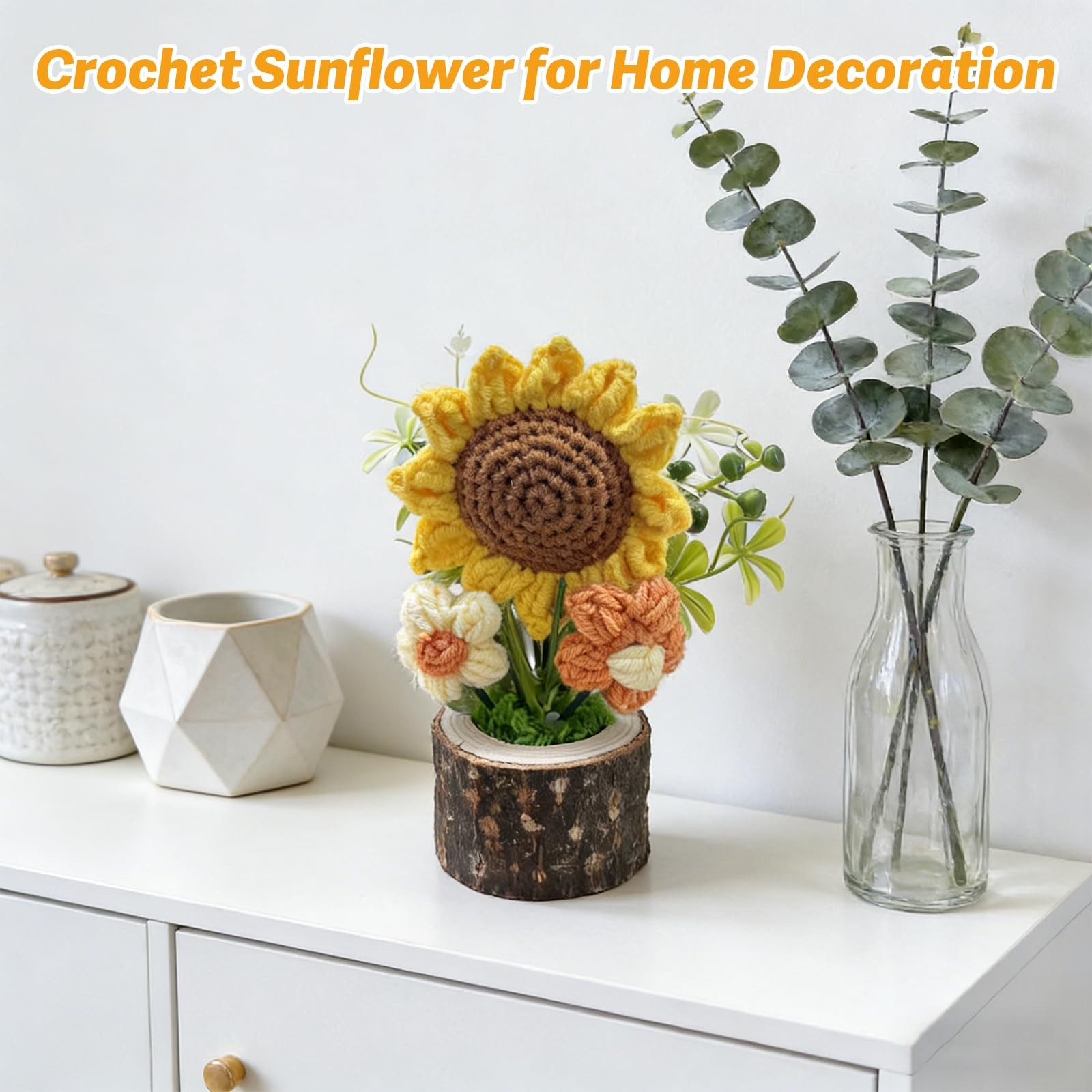 Handmade Knitted Sunflowers, Cute Crochet Flowers Bouquet with Wooden Pot