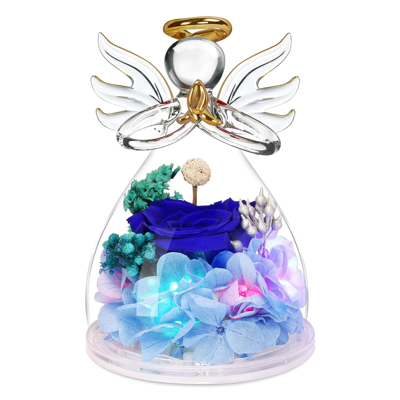 Light Up Preserved Rose In Glass Angel Figurine Mothers Day Gift Blue