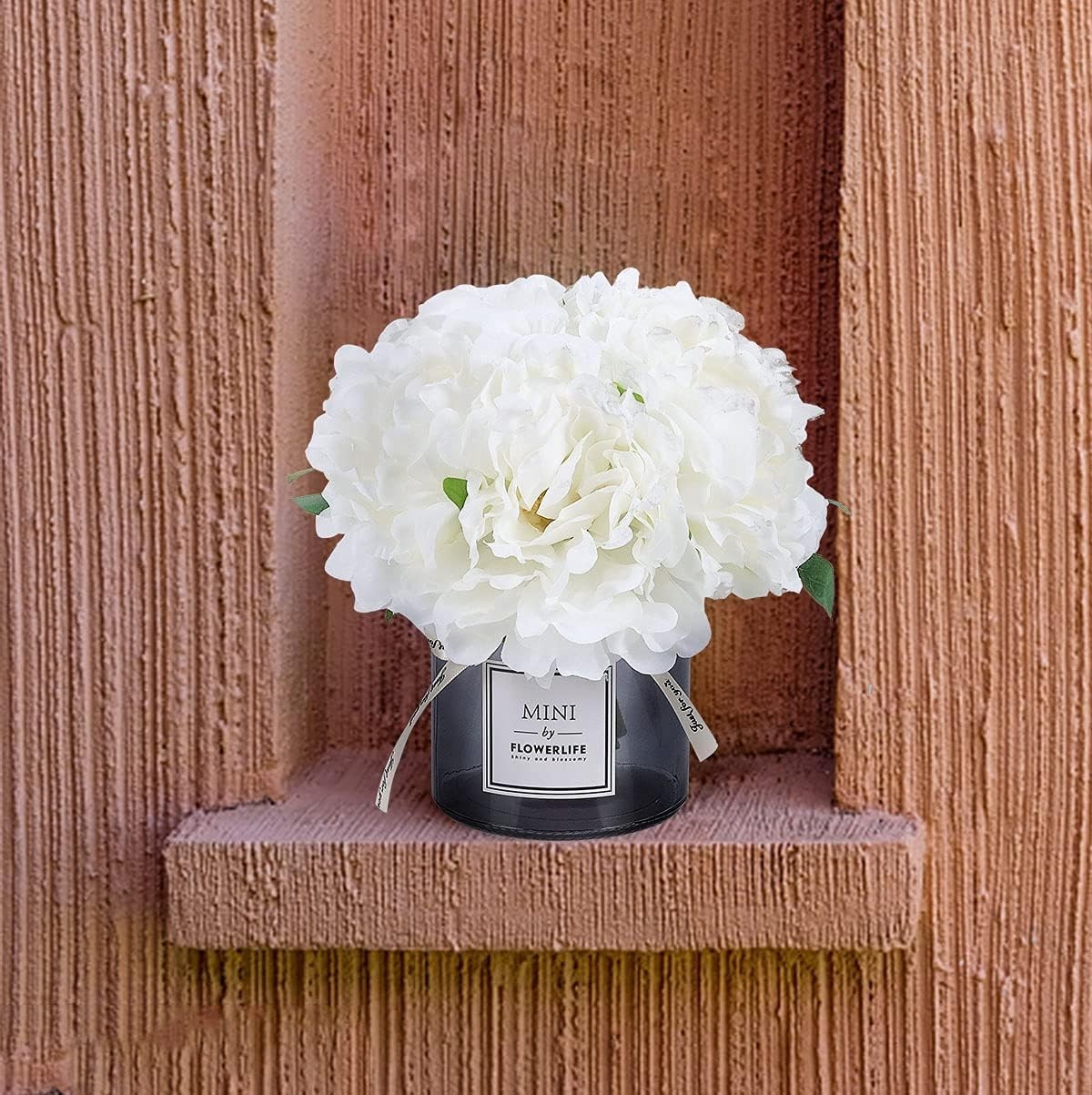 Decoración de hortensias artificiales y jarrón de cristal, juego de botellas