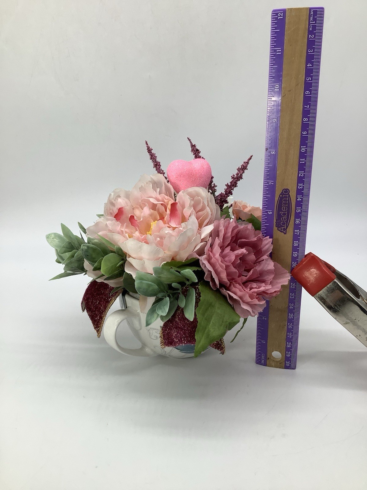 Handmade Valentines Day Pink Tea Cup Floral Arrangement