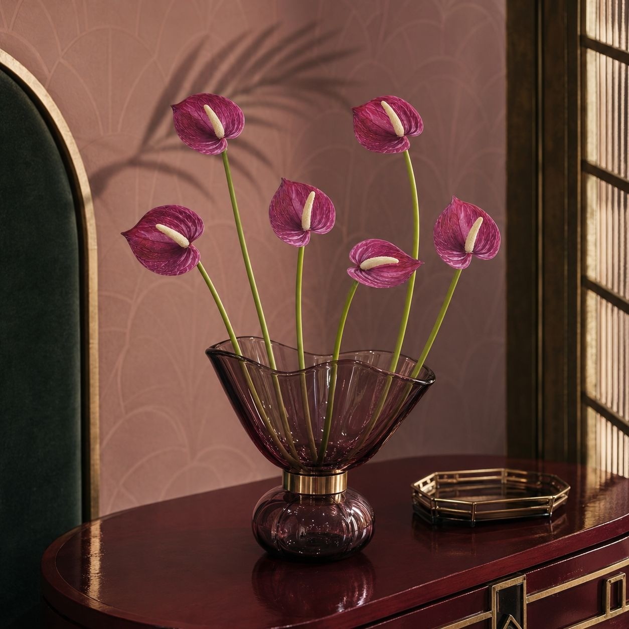Plum Real Touch Artificial Anthurium Stems, Set of 6, 11 Inch