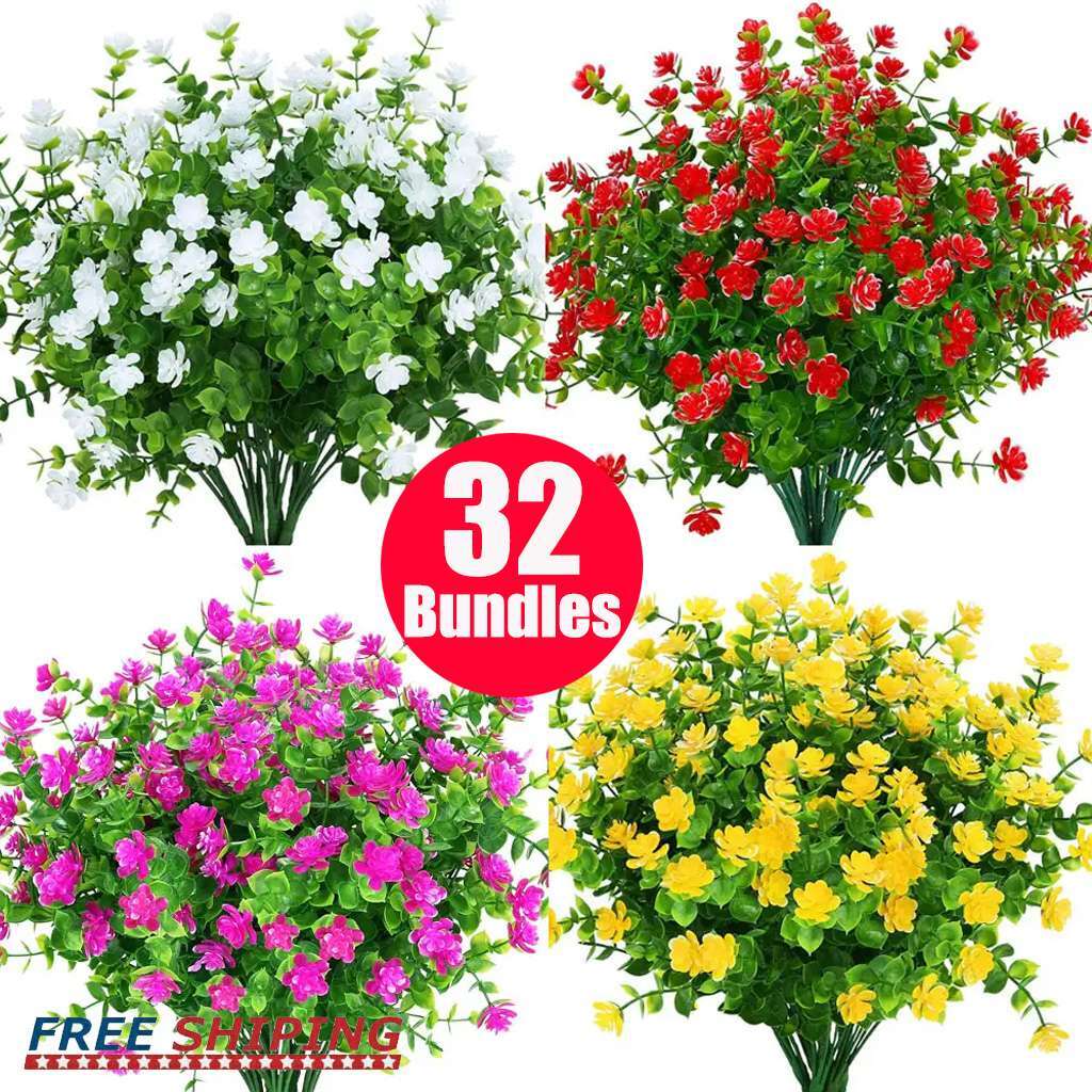 32 Bundles Plastic Fake Artificial Flowers UV Resistant Plants Outdoor Decor