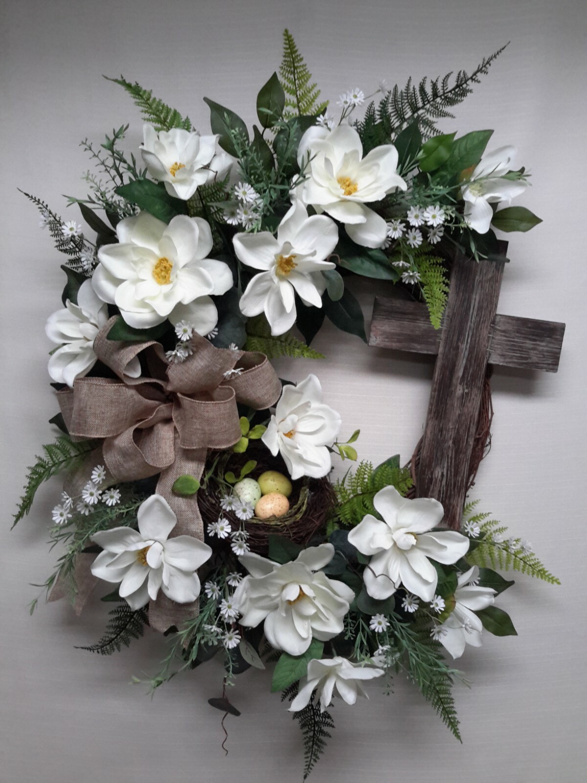 Spring Flower Wreath Easter Cross Door Wall Decor Magnolia Bird Nest Wreath