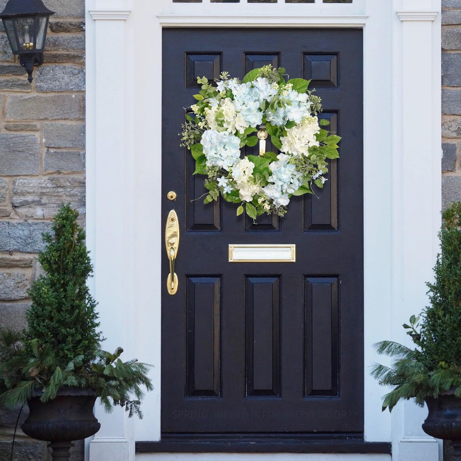 Artificial Hydrangea Eucalyptus Wreath, 20″ Light Blue Green Spring Decor