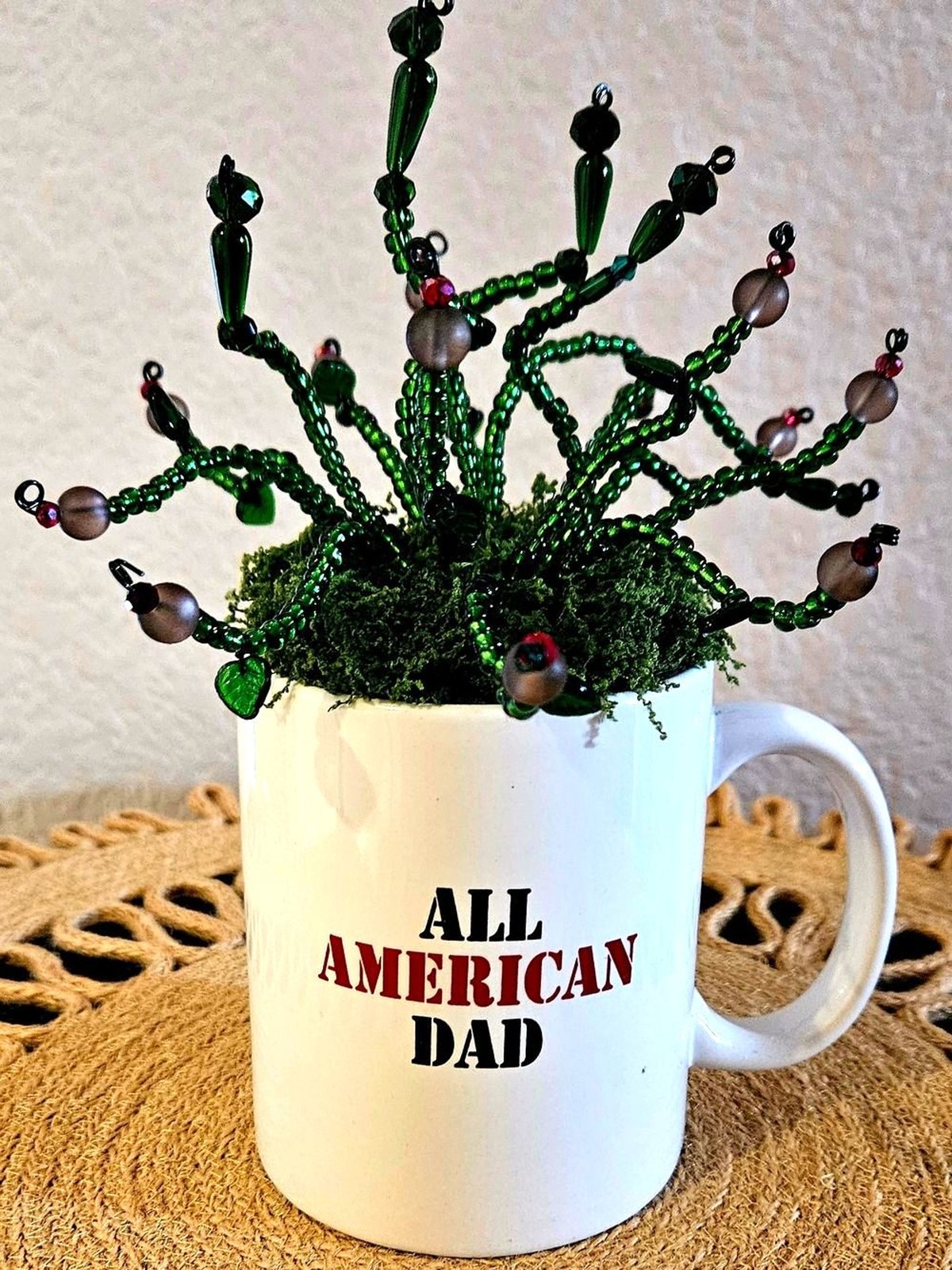 All American Dad White Ceramic Mug with Green Beaded Succulent