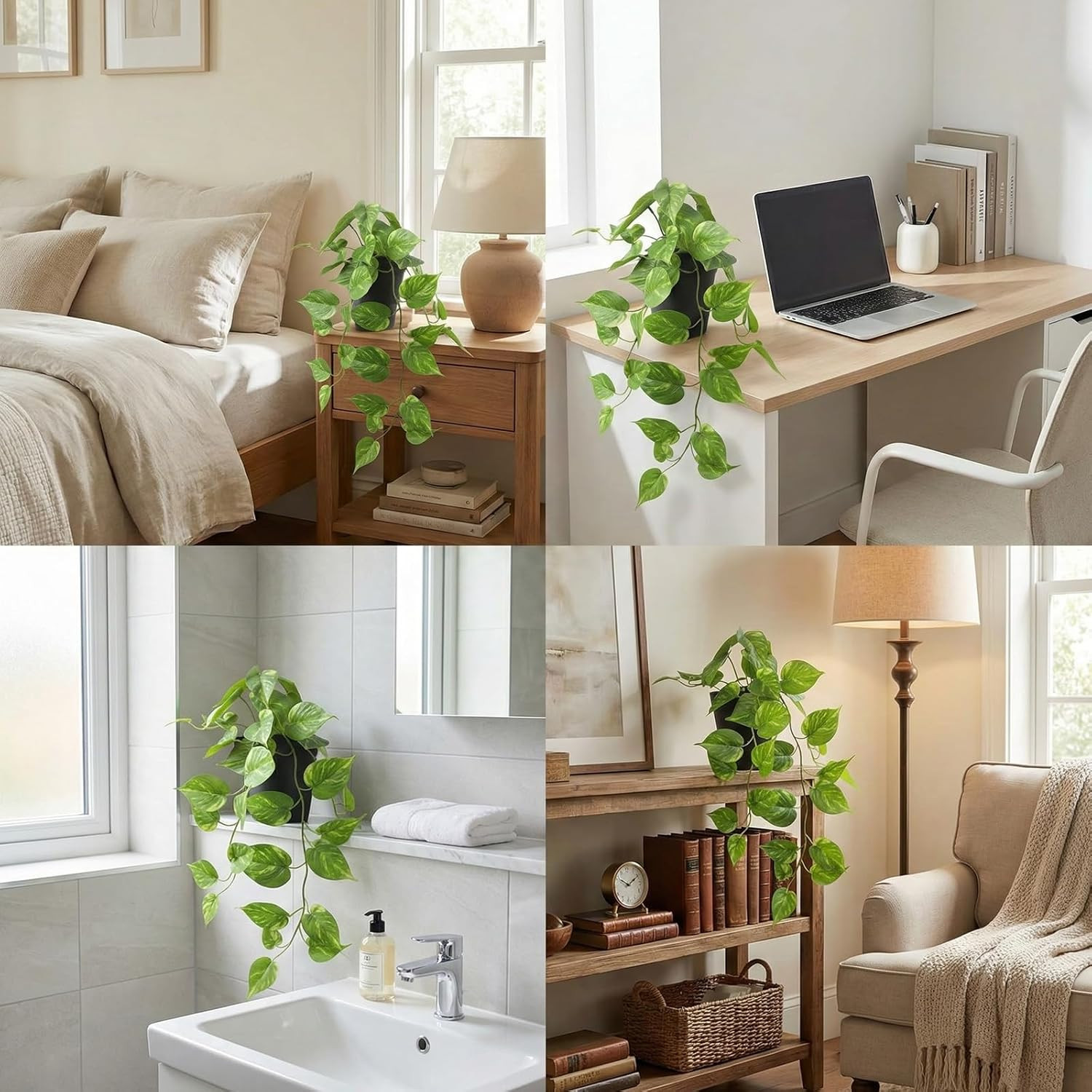 Fake Pothos Hanging Plants – Artificial Plastic Ivy Vines with Pots, Realistic F