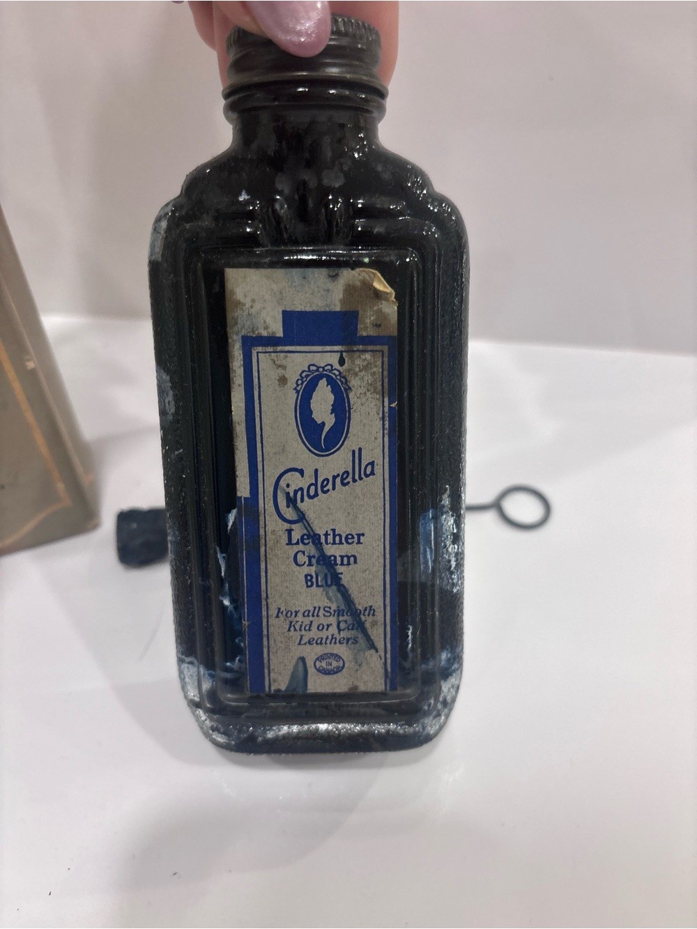 Vintage Cinderella leather cream blue shoe polish complete box bottle dauber