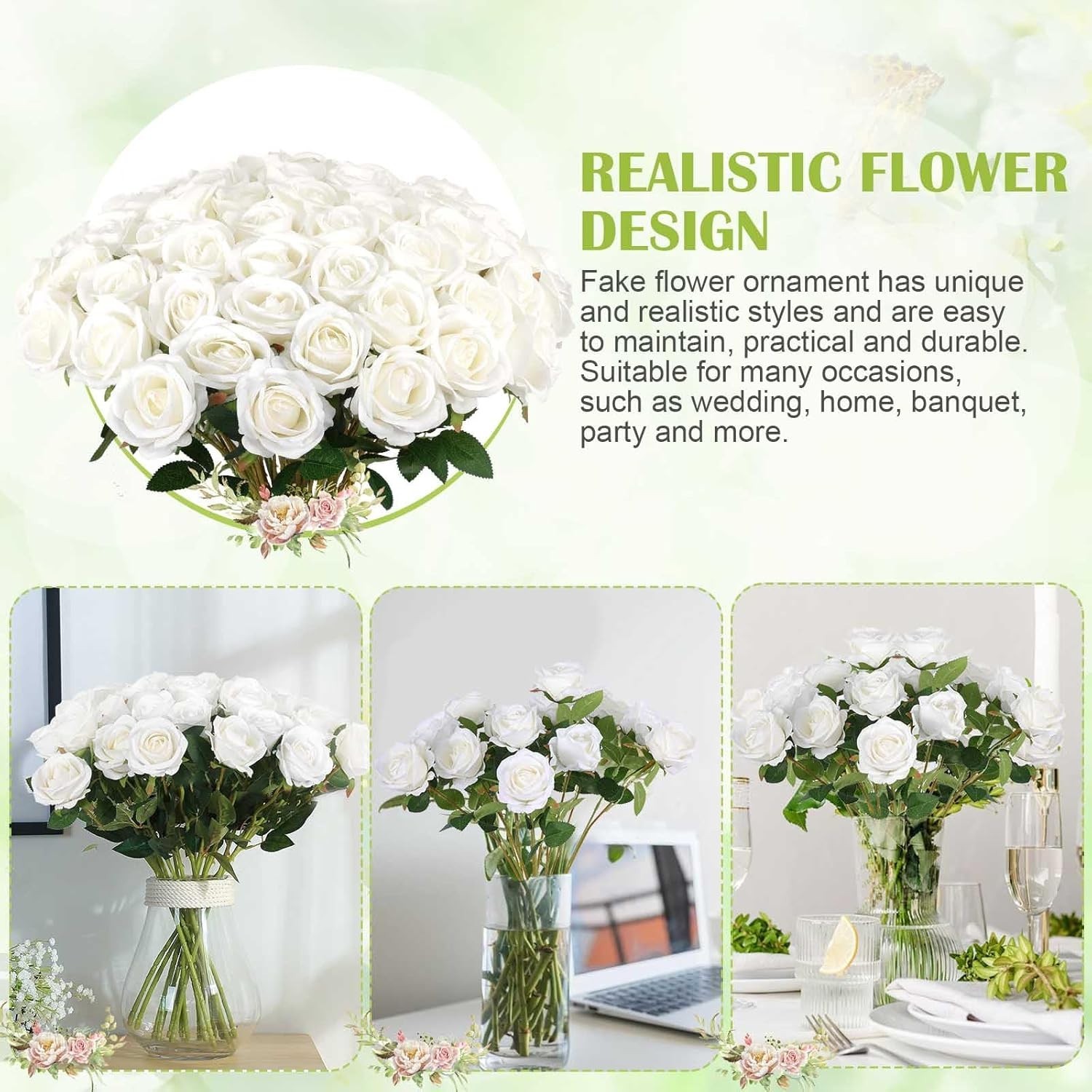 60 Pcs Velvet Silk White Roses – Perfect for Wedding Centerpieces & Home Decor