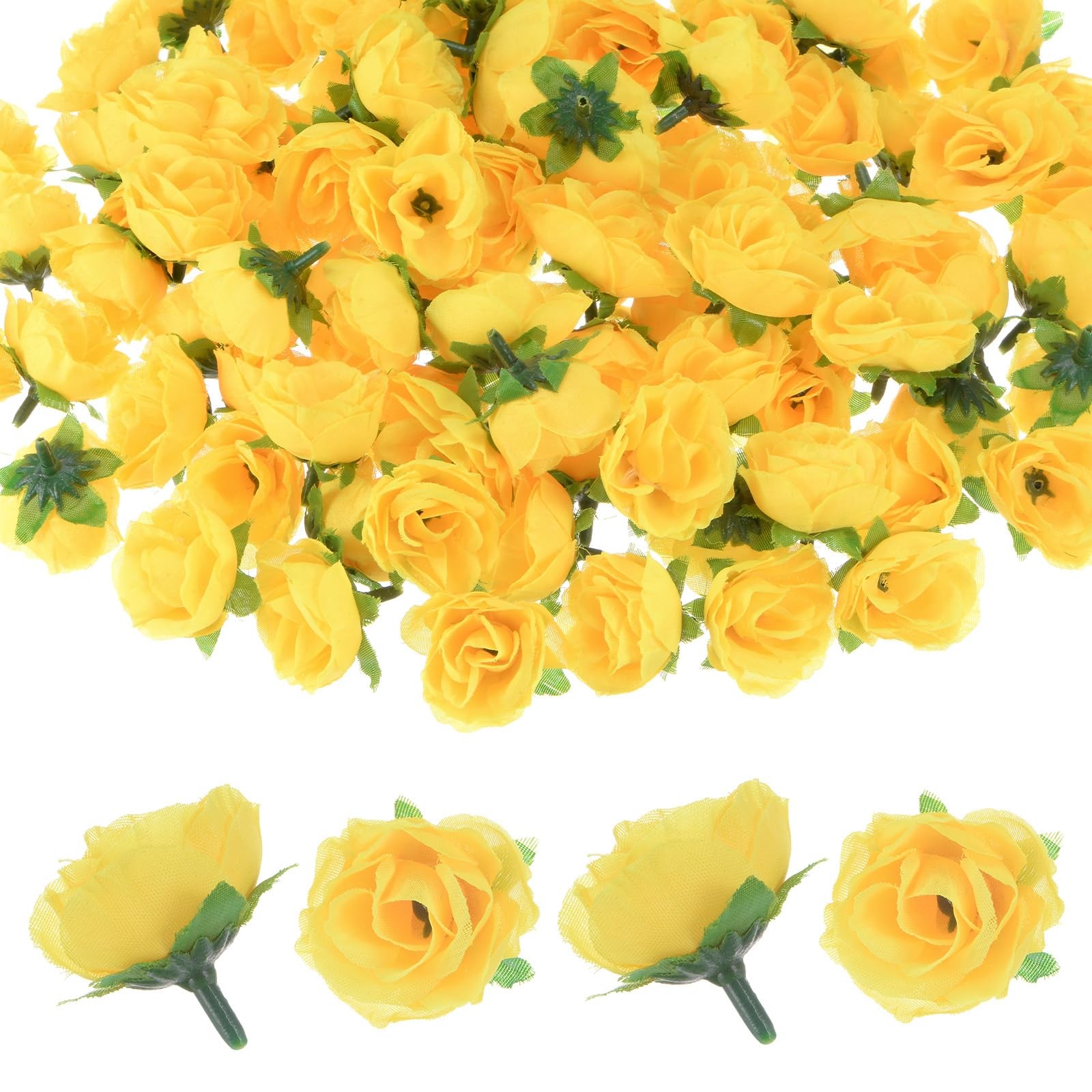 Yellow Small Silk Faux Rose Heads Artificial Bloom Flower Buds 50 Pack