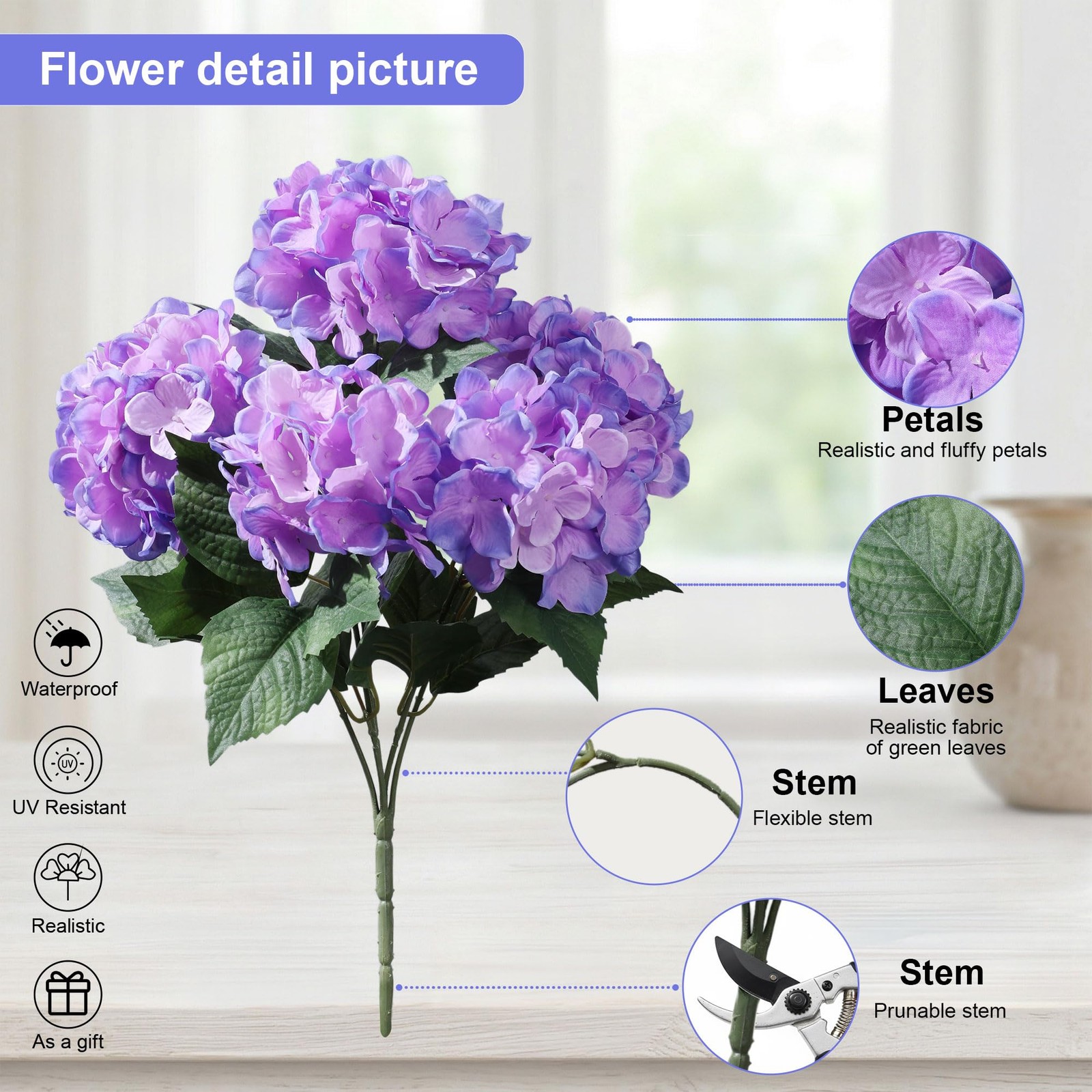Artificial Flowers for Outdoors, 4 PCS Purple Blue Fake Silk Hydrangea Flower…