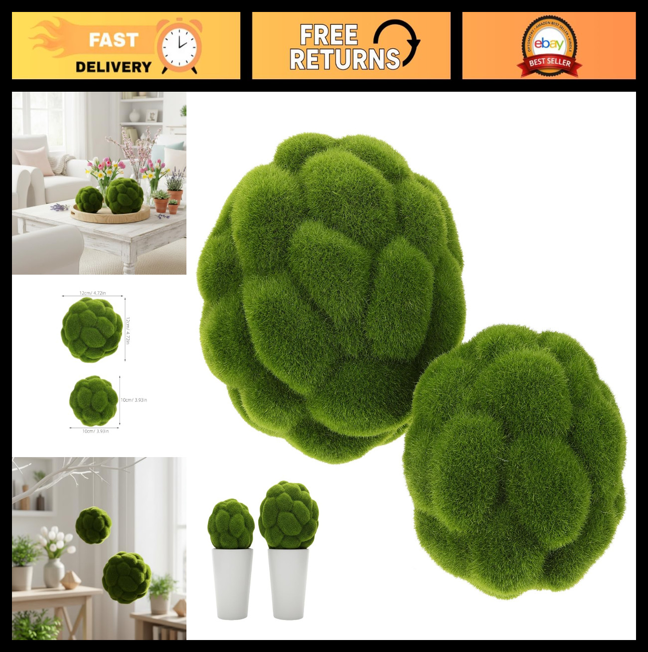 “2PCS Artificial Green Moss Balls – 10cm & 12cm Decorative Faux Grass Spheres fo