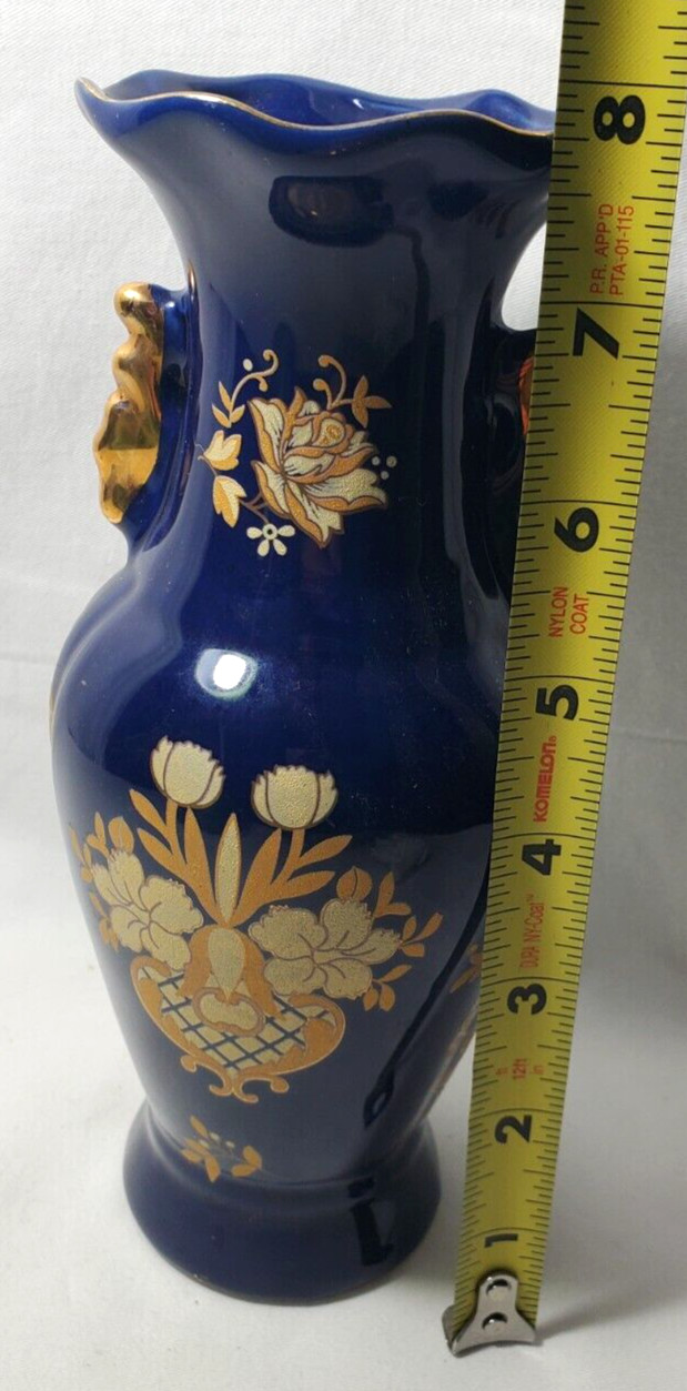 Hand-painted Dark Blue With Gold Floral Porcelain Vase 8″H