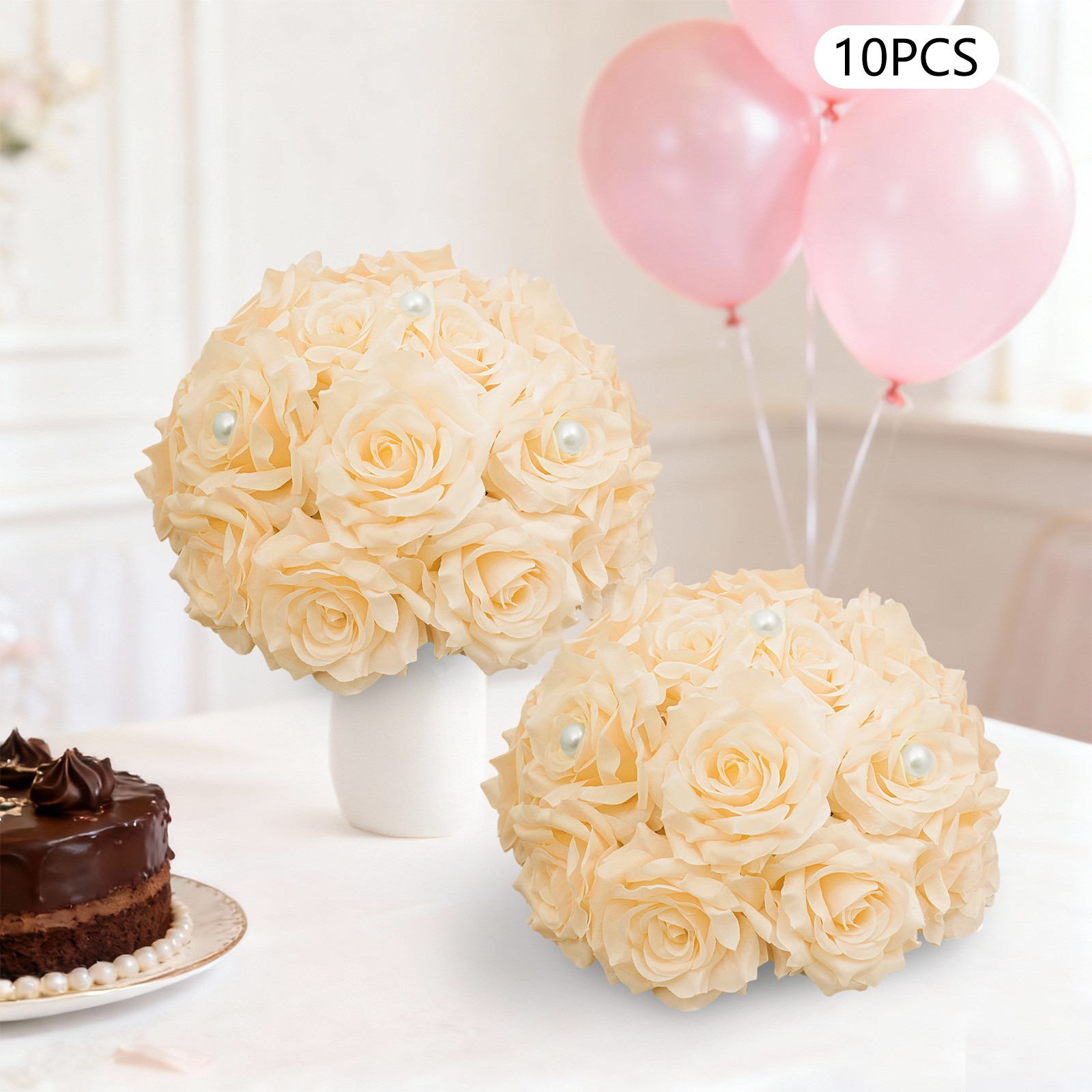 10pcs Artificial Rose Flower Balls With Pearl, Table Flower Centerpieces Decor