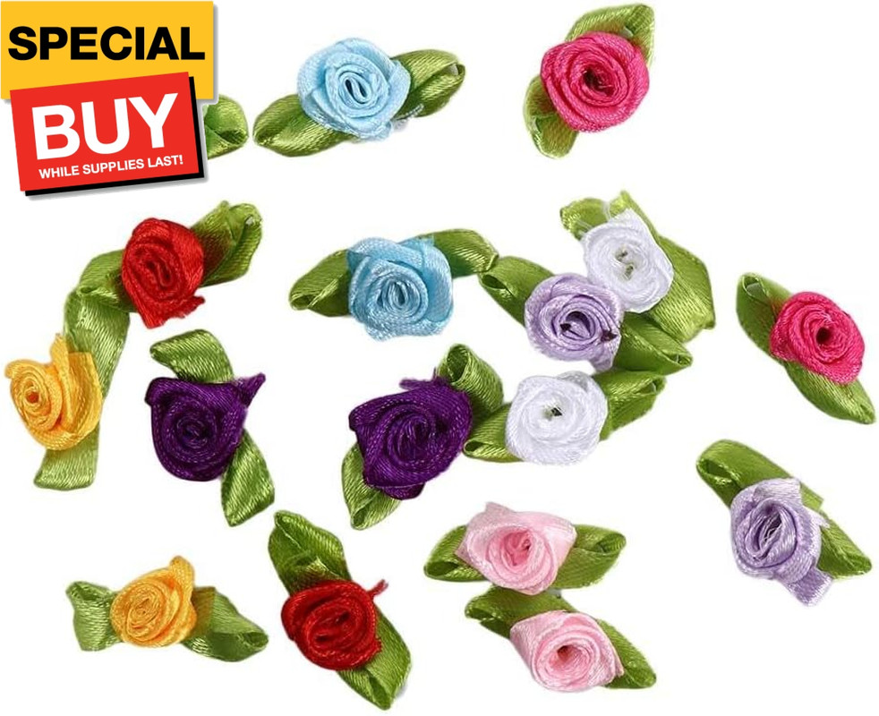 100PCS Mini Ribbon Roses for Crafts Artificial Fabric Flowers with Green Leaves