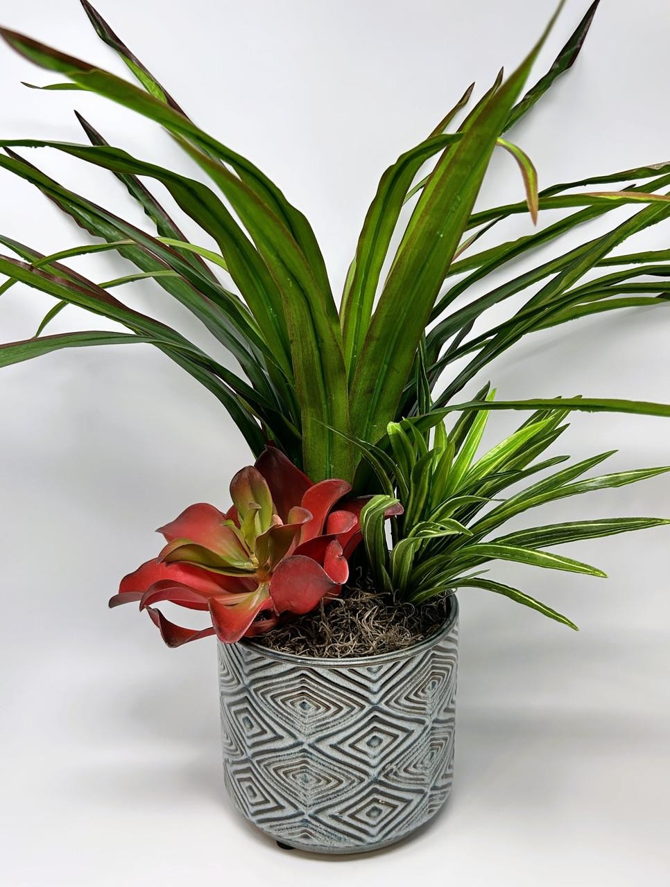 20″ Lg Faux Green-Red YUCCA Silk plant, Red Kalanchoe, Dracaena in Ceramic blue-
