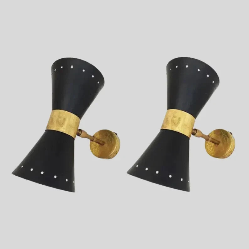 A Pair Of Italian Style Wall Light Lamps Diablo Cone Shade Matte Black in Raw Br