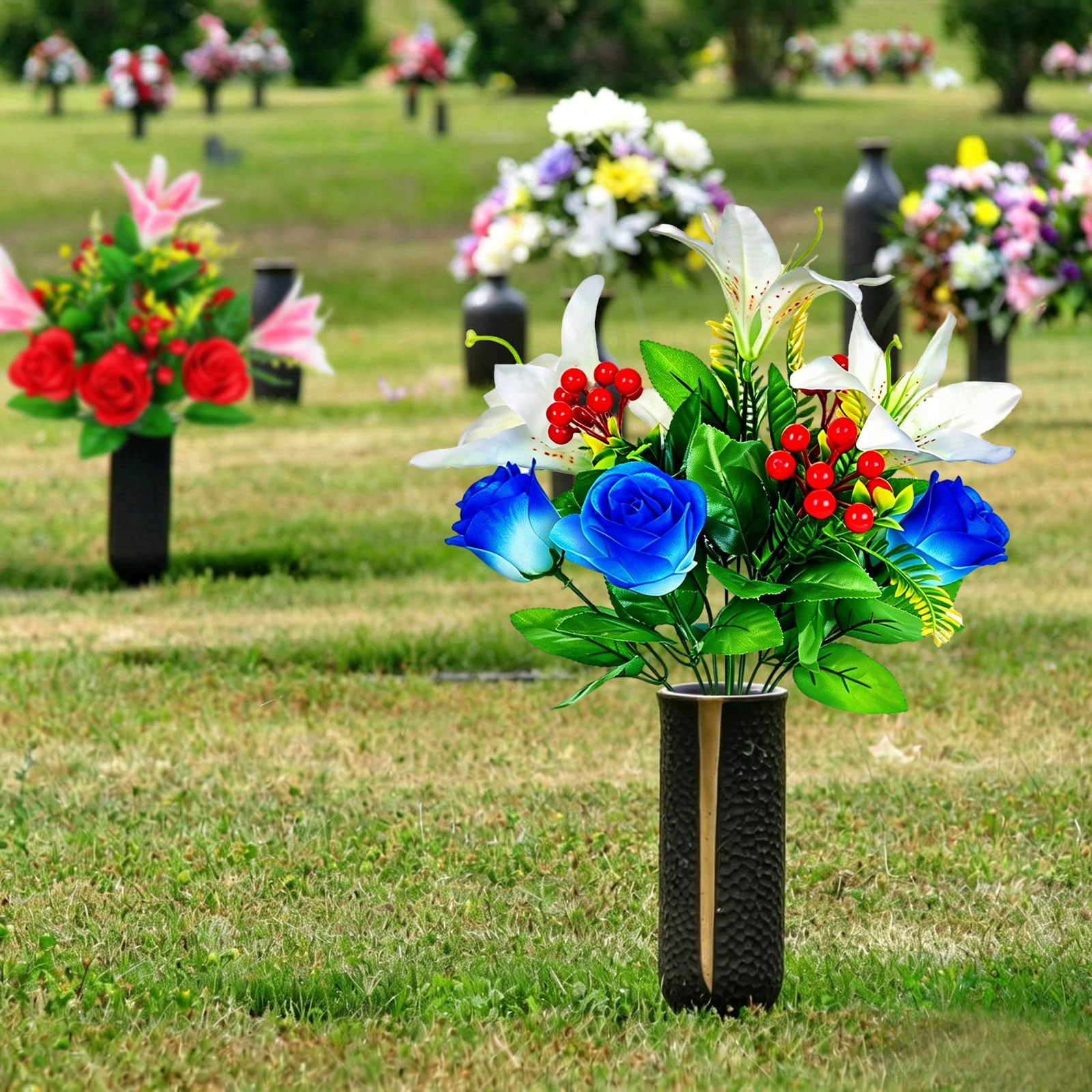 2 Bouquets Artificial Red White Blue Flowers for Cemetery – Realistic Patriot…