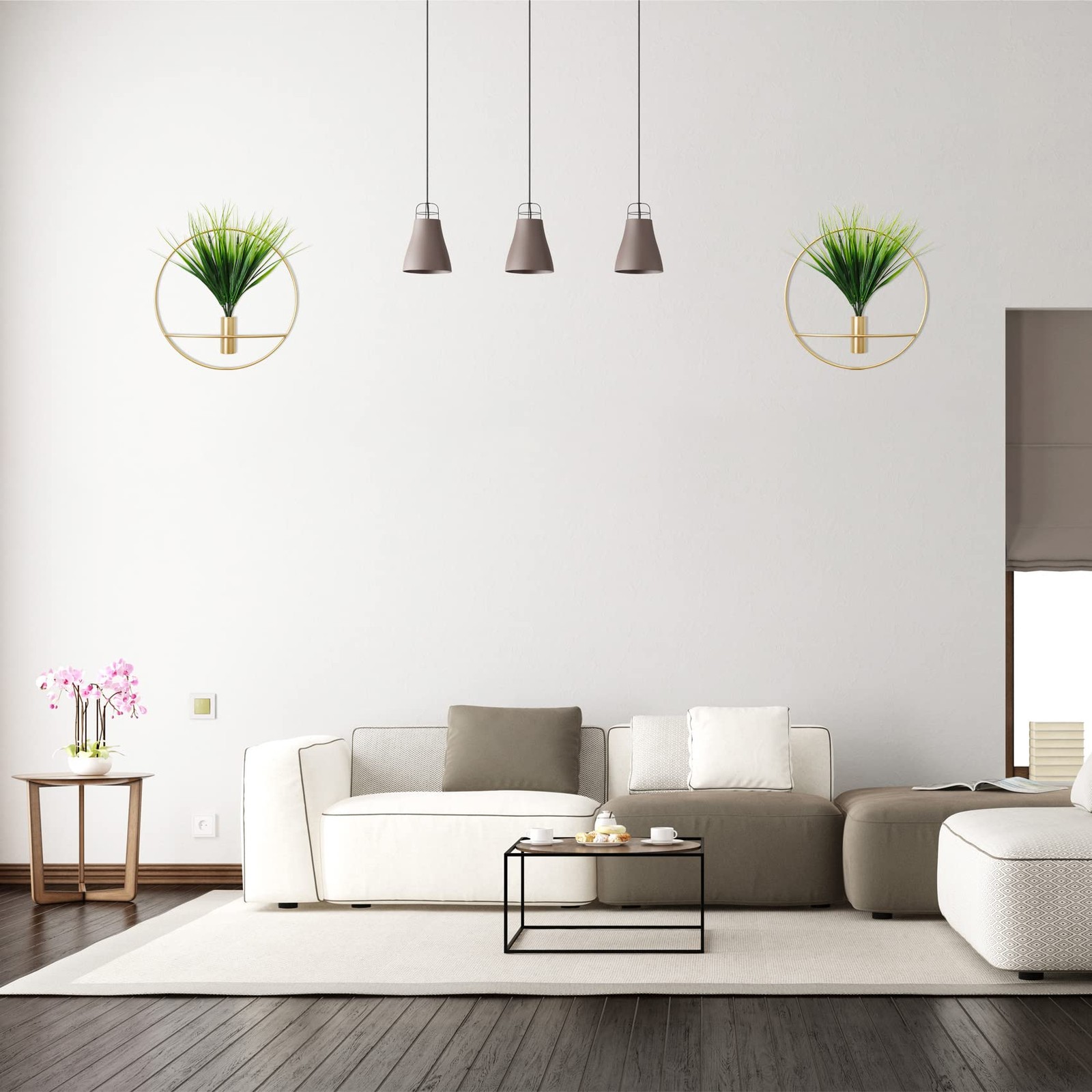 Set of 2 Artificial Plants with Gold Metal Round Hanging Hoop for Wall Decor,…