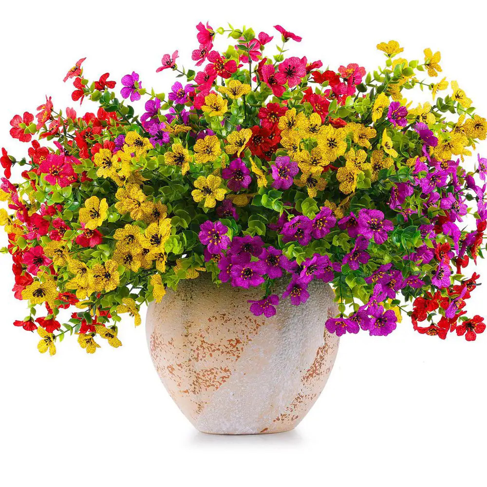 12 In. Red Purple Yellow Rose Red Outdoor UV Resistant Artificial Eucalyptus Flo