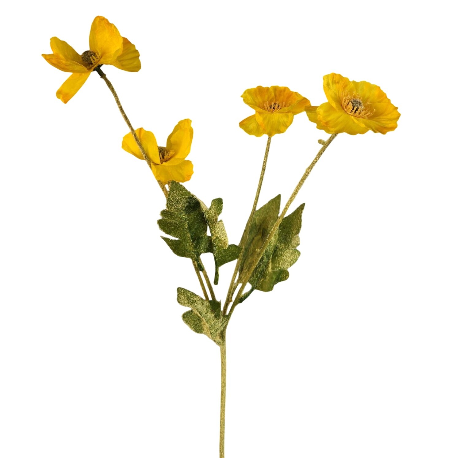 Yellow Artificial Poppy Flower Stems Silk & Plastic Foliage Single Stem Realisti