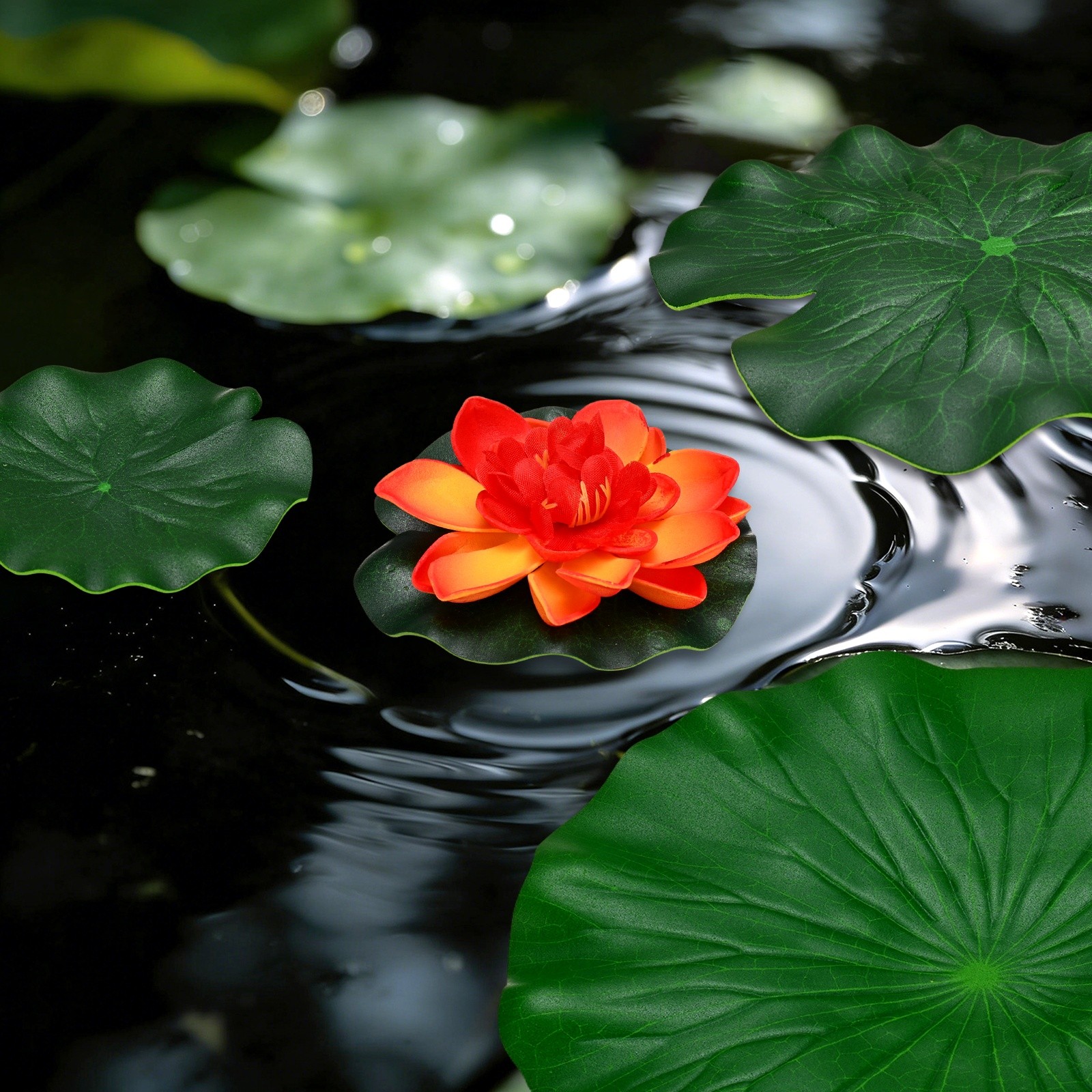 1-Set Artificial Foam Lotus Flower with Water Lily Pads, 4/7/11″ [Orange]