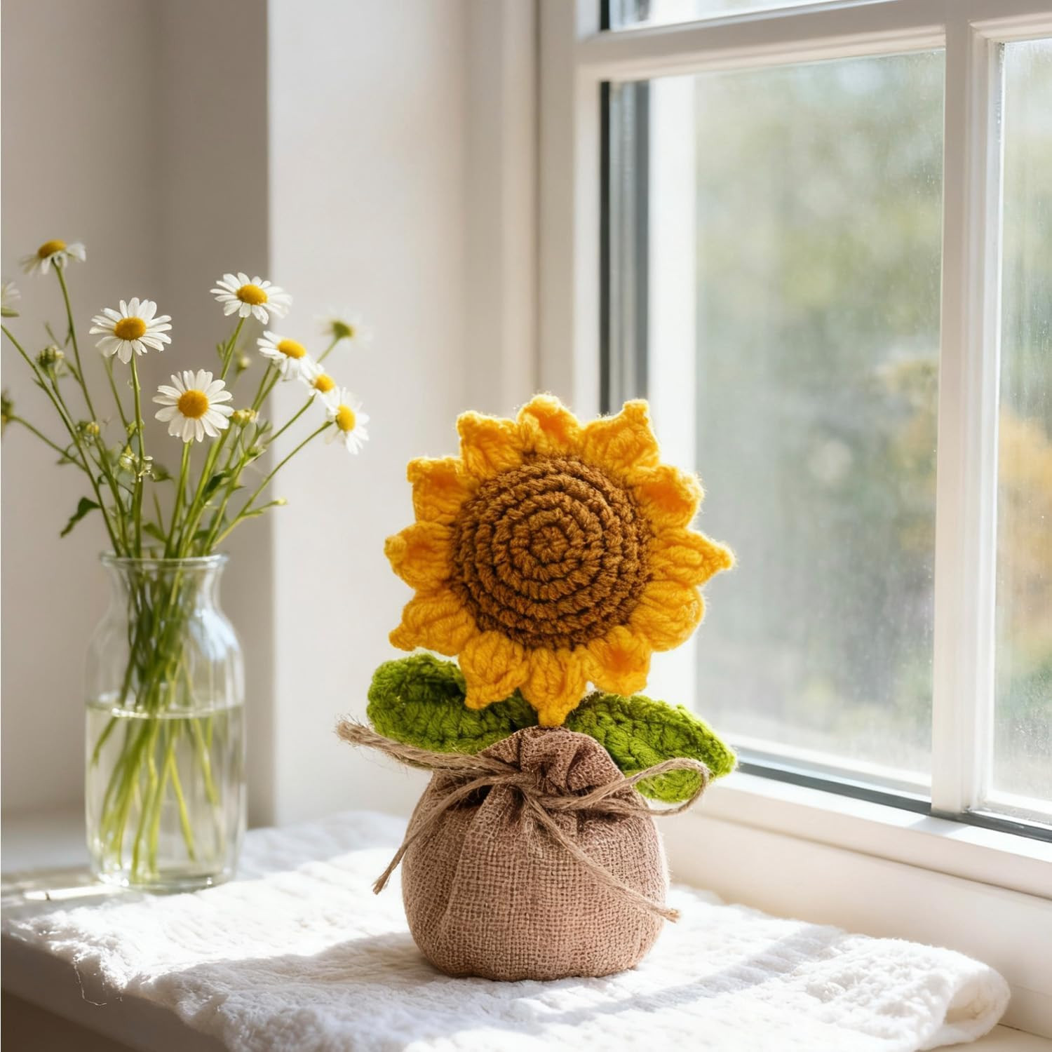 Crochet Sun Flowers Potted Flower, Handmade Knitted Sun Flores Birthday Gifts fo