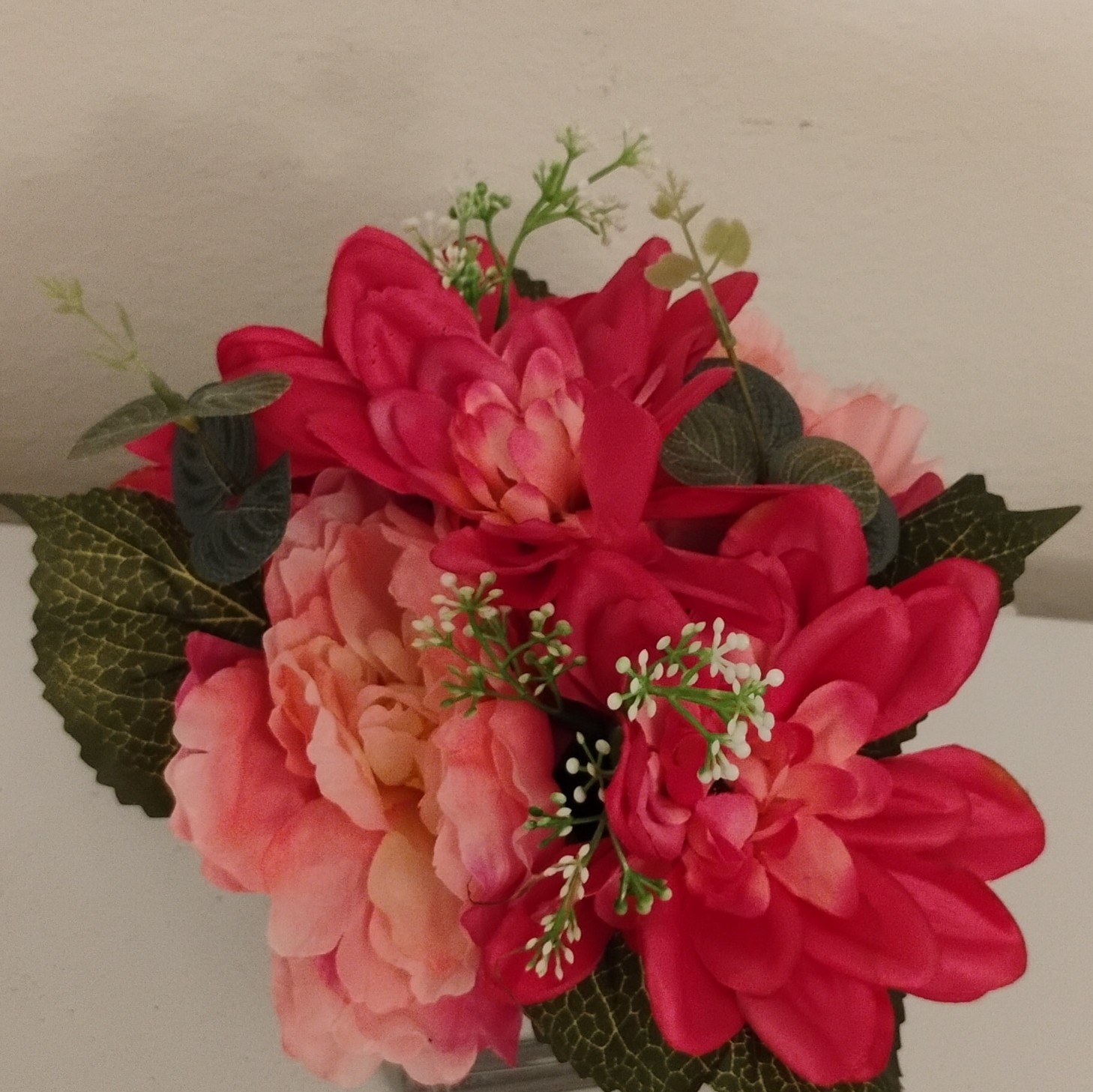 Artificial Pink Red & Green Peony Flower Arrangement in Clear Square Glass Vase