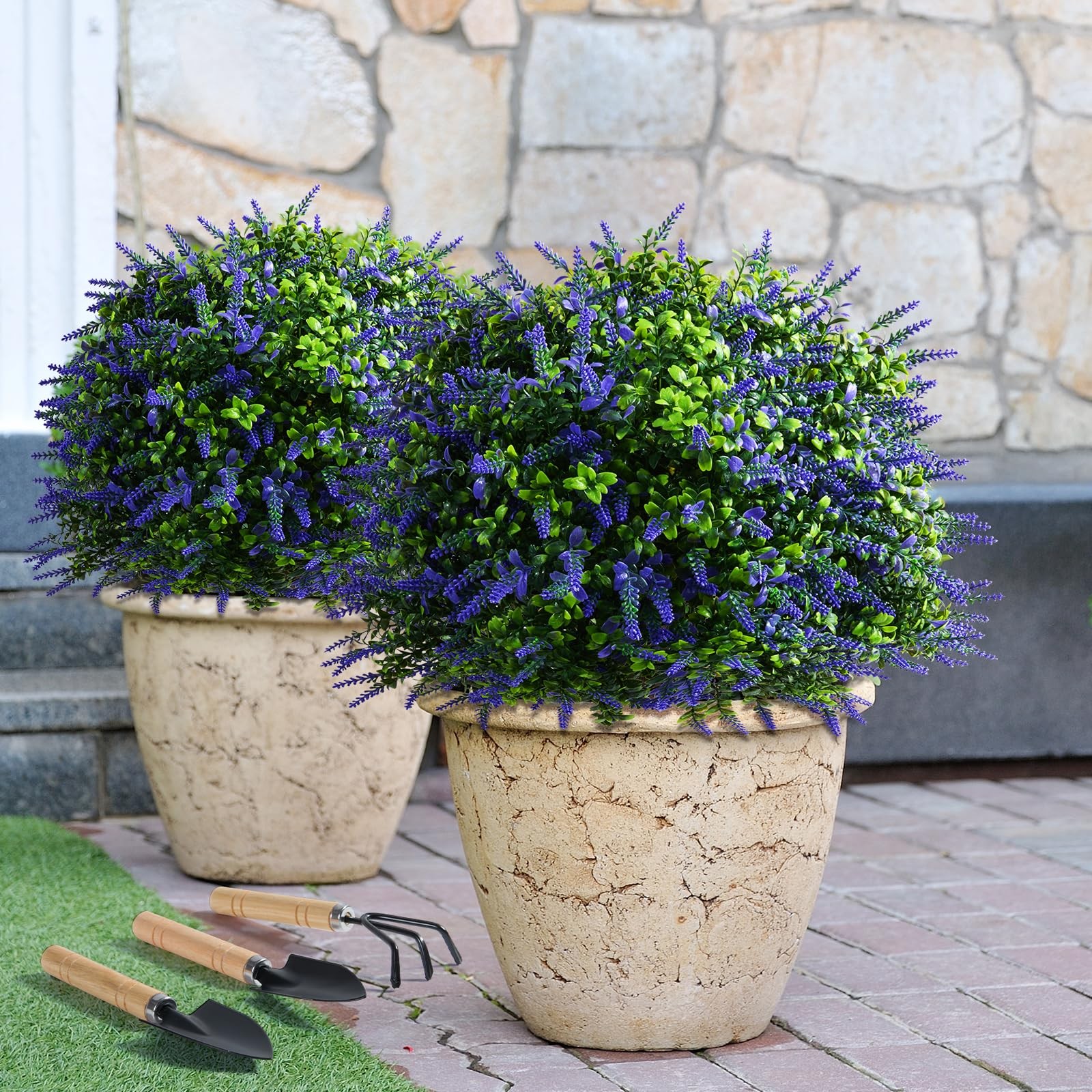 Artificial Lavender Topiary – 24″ Set of 2 Realistic Faux Shrub Bushes with G…